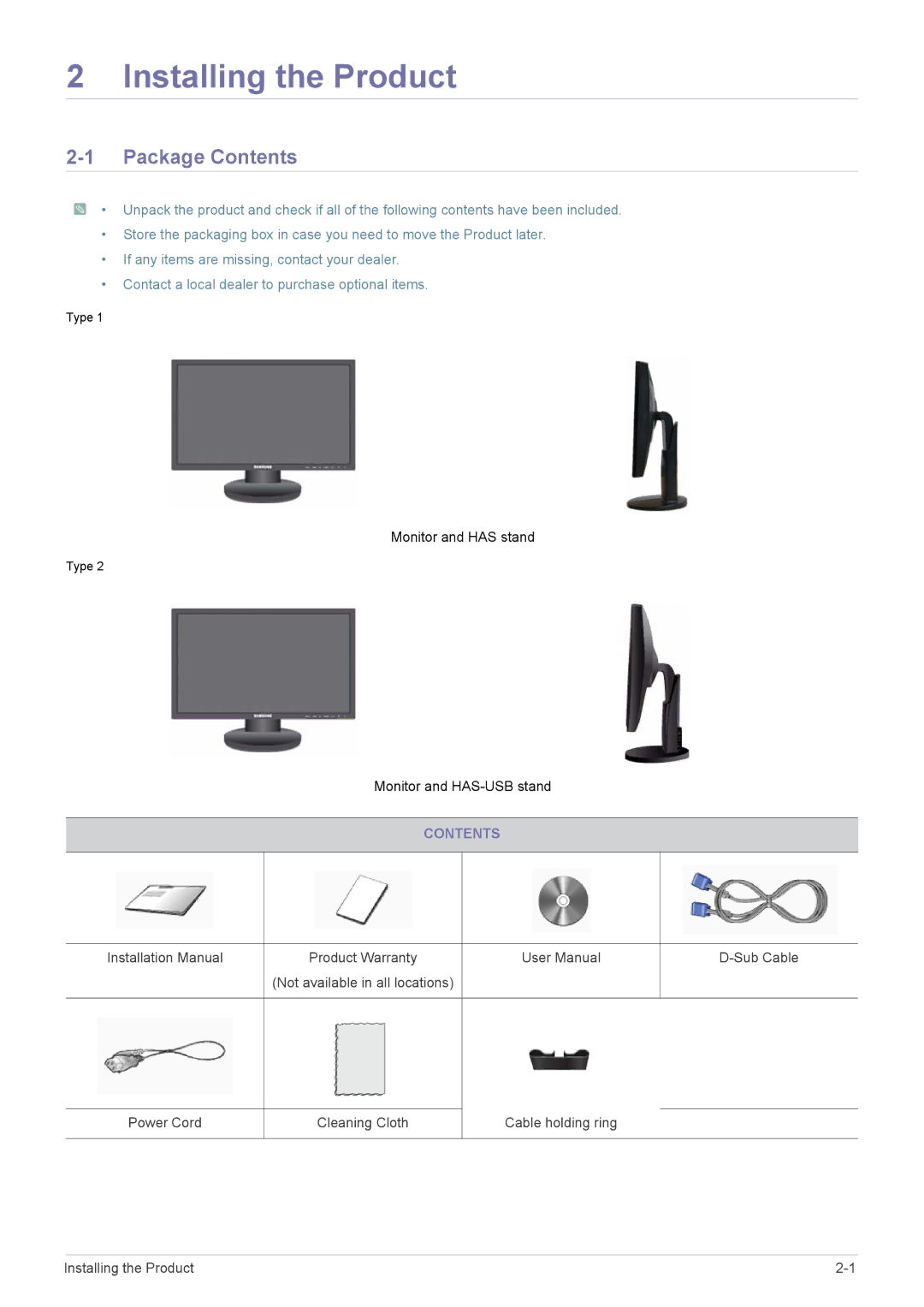 Samsung LS22MYPEBV/EN manual Installing the Product, Package Contents 