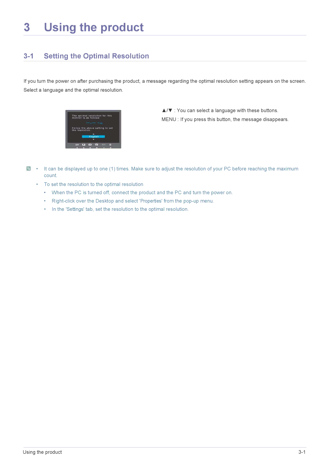 Samsung LS22MYPEBV/EN manual Using the product, Setting the Optimal Resolution 