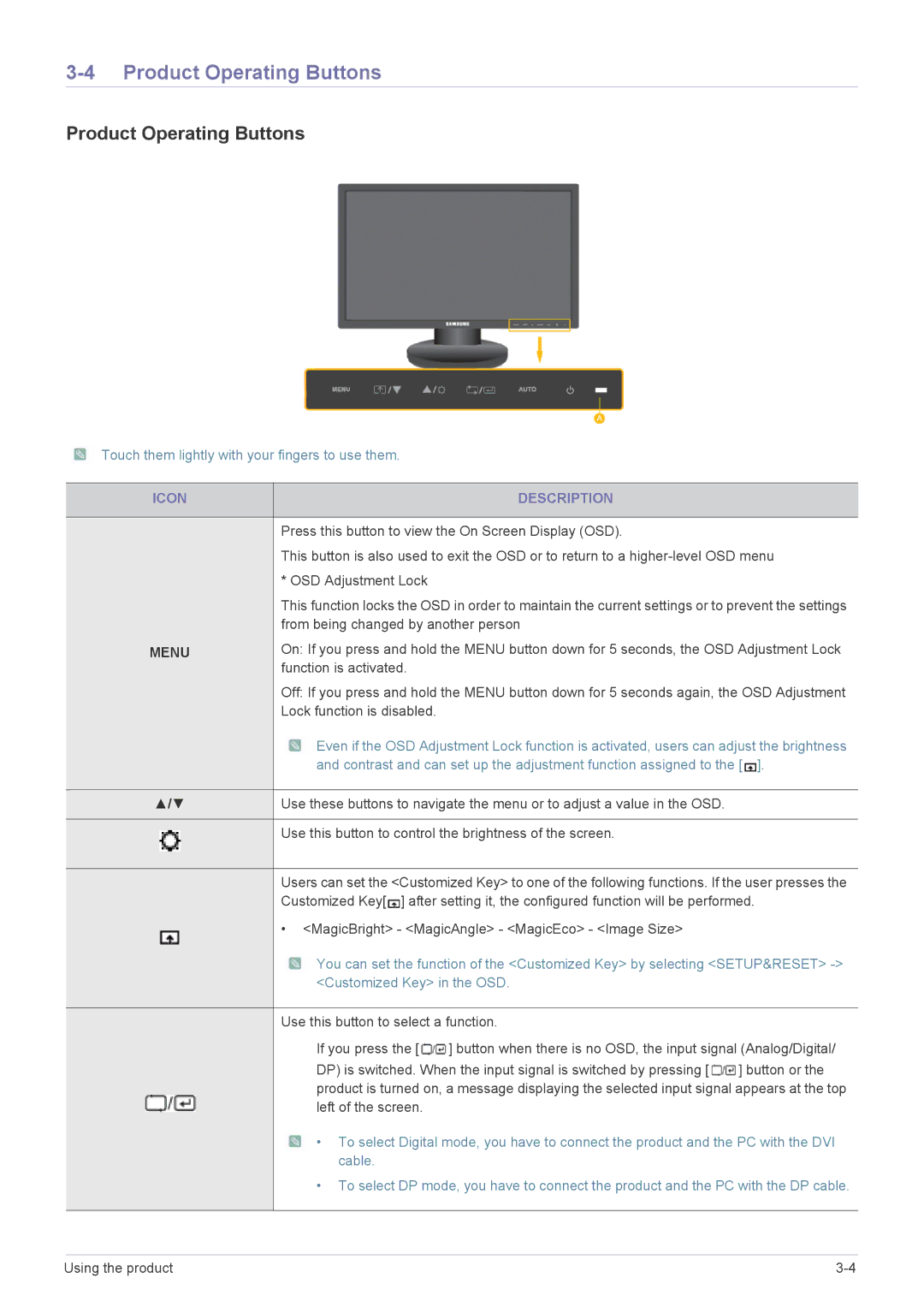 Samsung LS22MYPEBV/EN manual Product Operating Buttons, Touch them lightly with your fingers to use them, Icon Description 