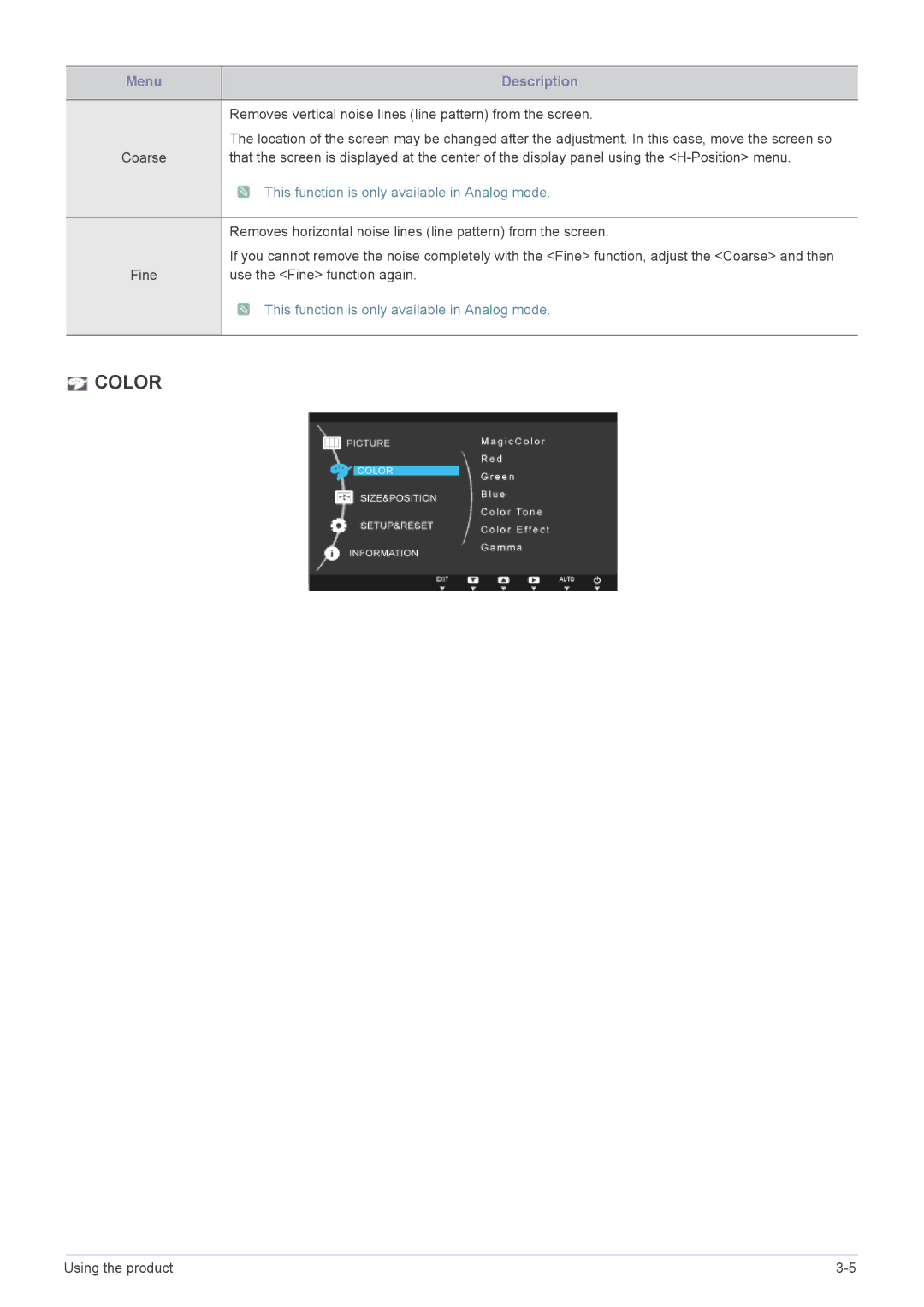 Samsung LS22MYPEBV/EN manual Color, This function is only available in Analog mode 