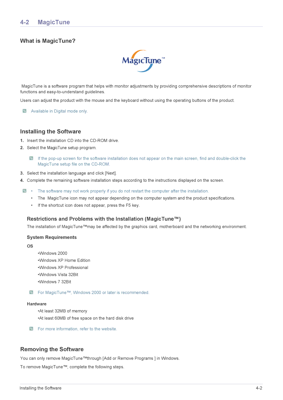 Samsung LS22MYPEBV/EN manual What is MagicTune?, Installing the Software, Removing the Software 