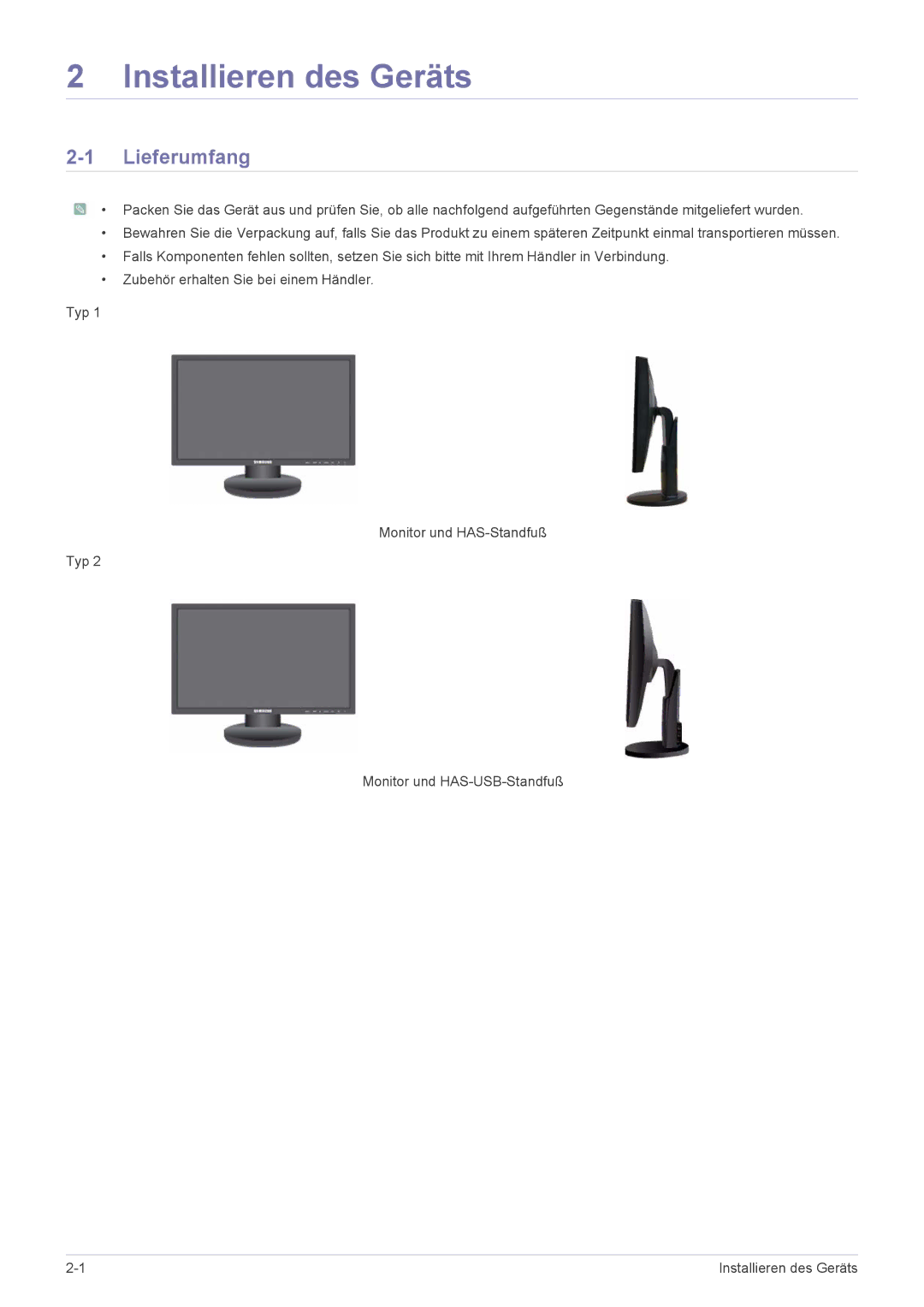 Samsung LS22MYPEBV/EN manual Installieren des Geräts, Lieferumfang 