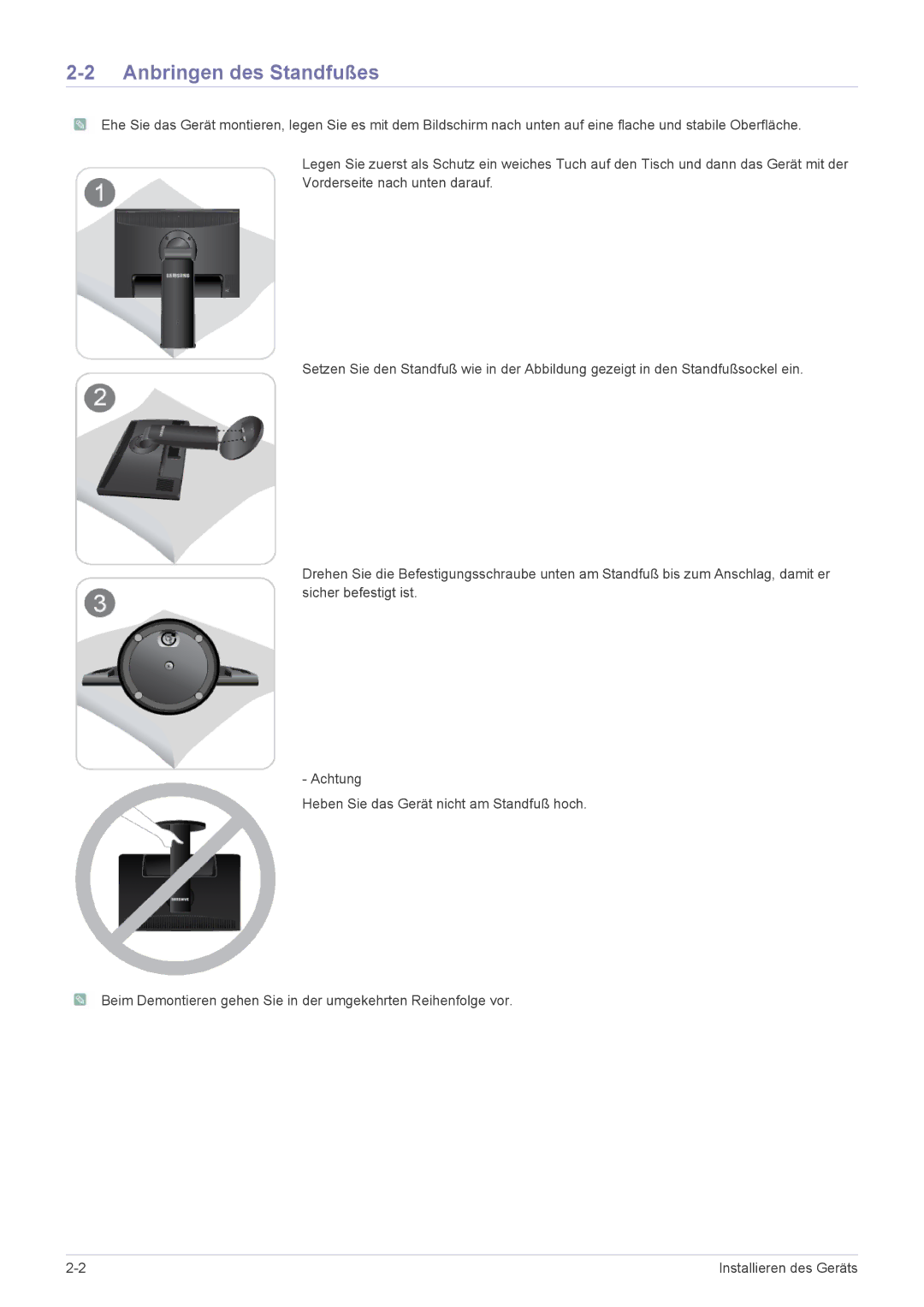 Samsung LS22MYPEBV/EN manual Anbringen des Standfußes 