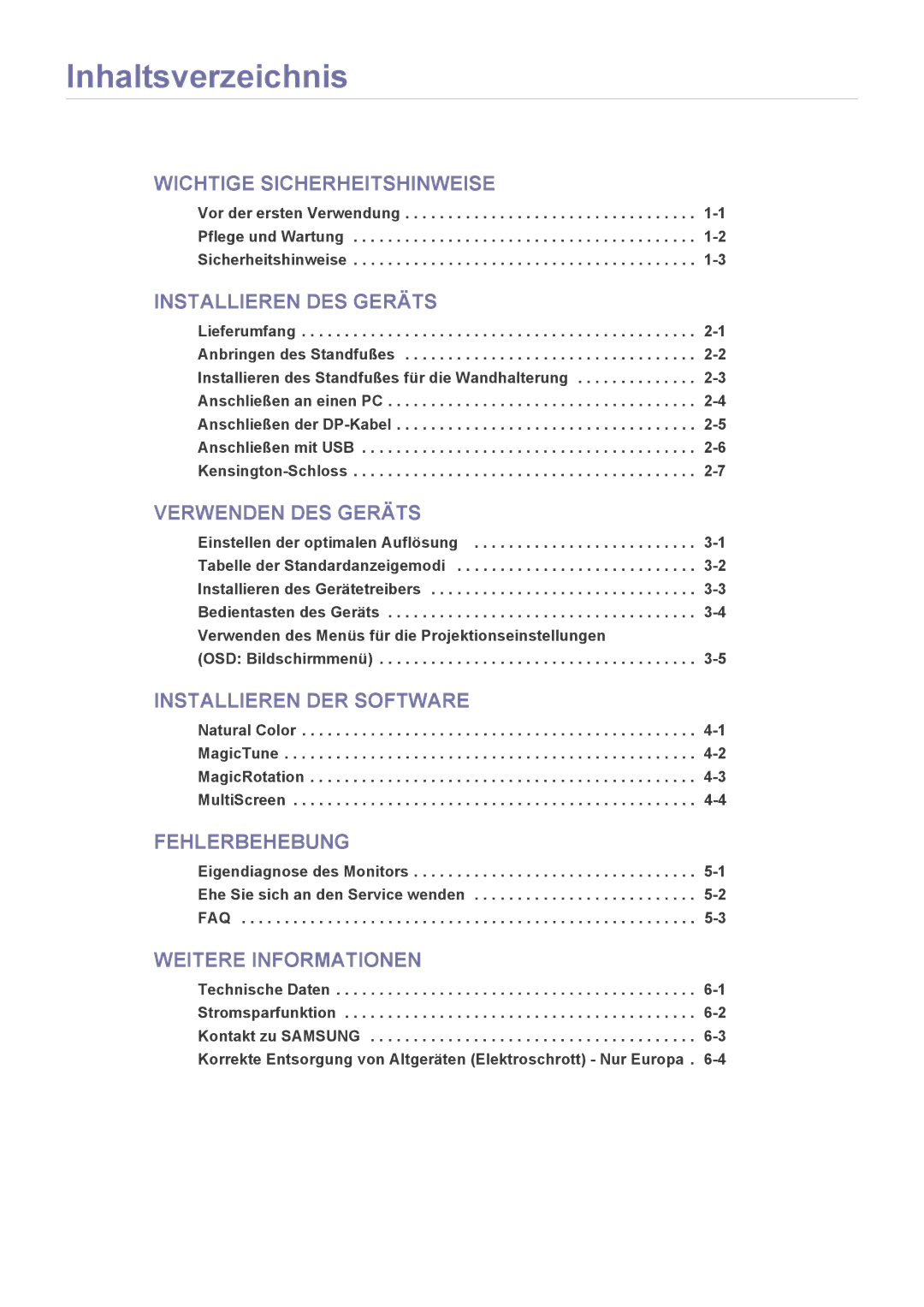 Samsung LS22MYPEBV/EN manual Inhaltsverzeichnis, OSD Bildschirmmenü 