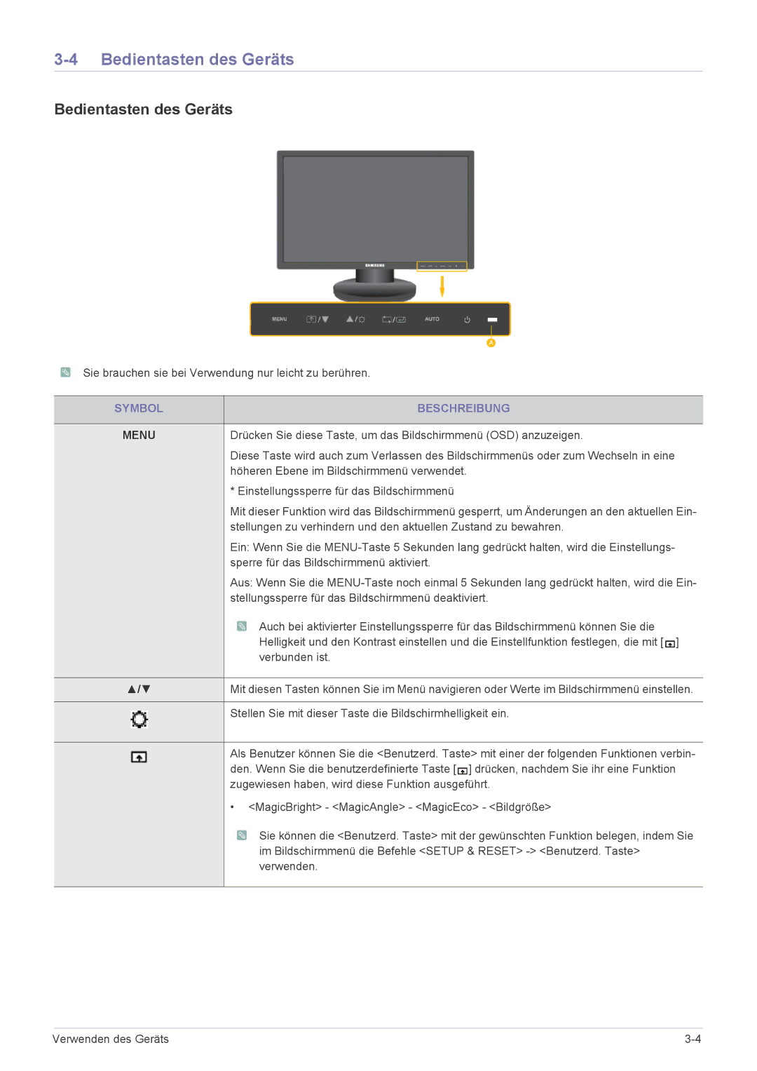 Samsung LS22MYPEBV/EN manual Bedientasten des Geräts, Symbol Beschreibung 