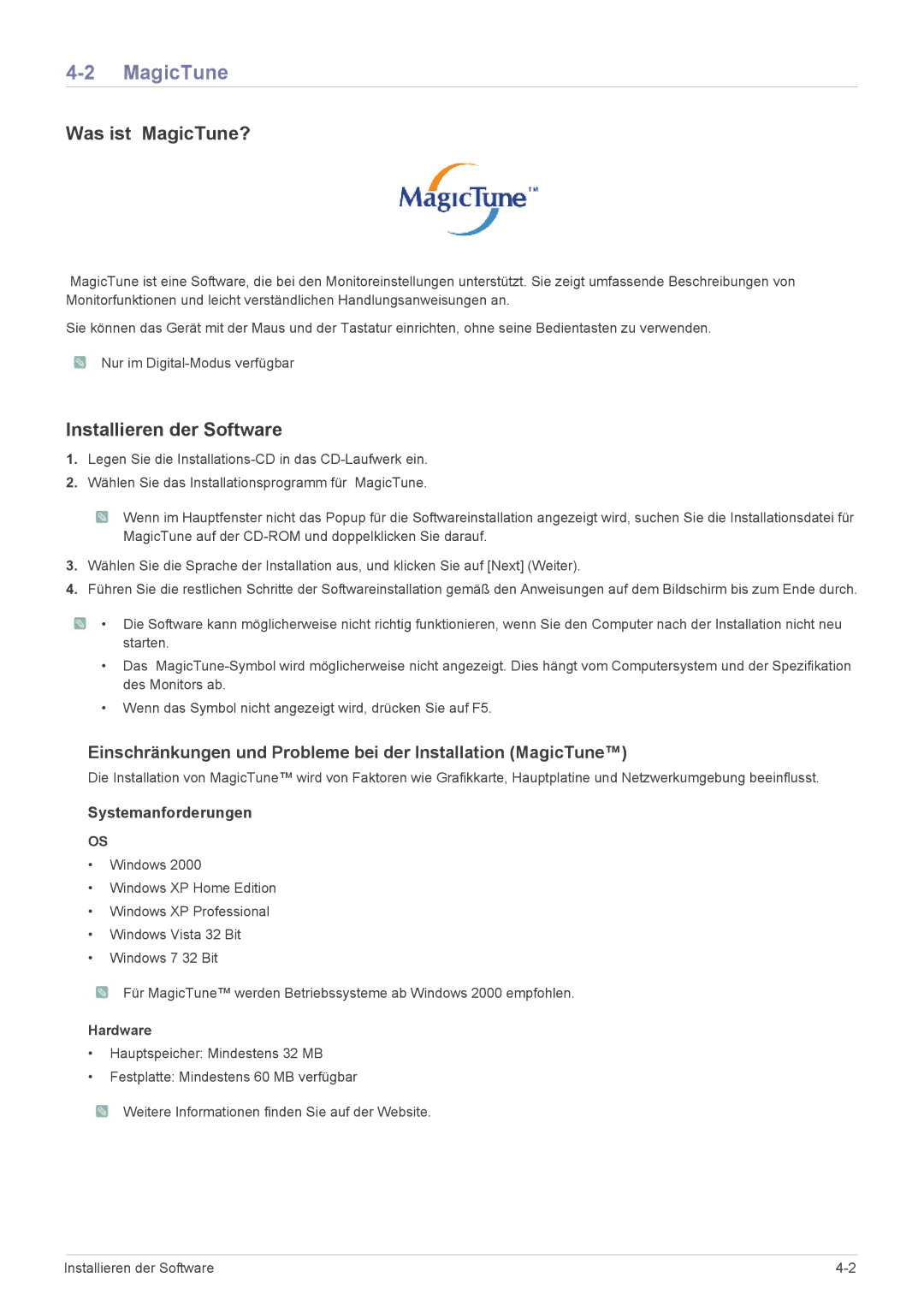 Samsung LS22MYPEBV/EN manual Was ist MagicTune?, Installieren der Software, Hardware 