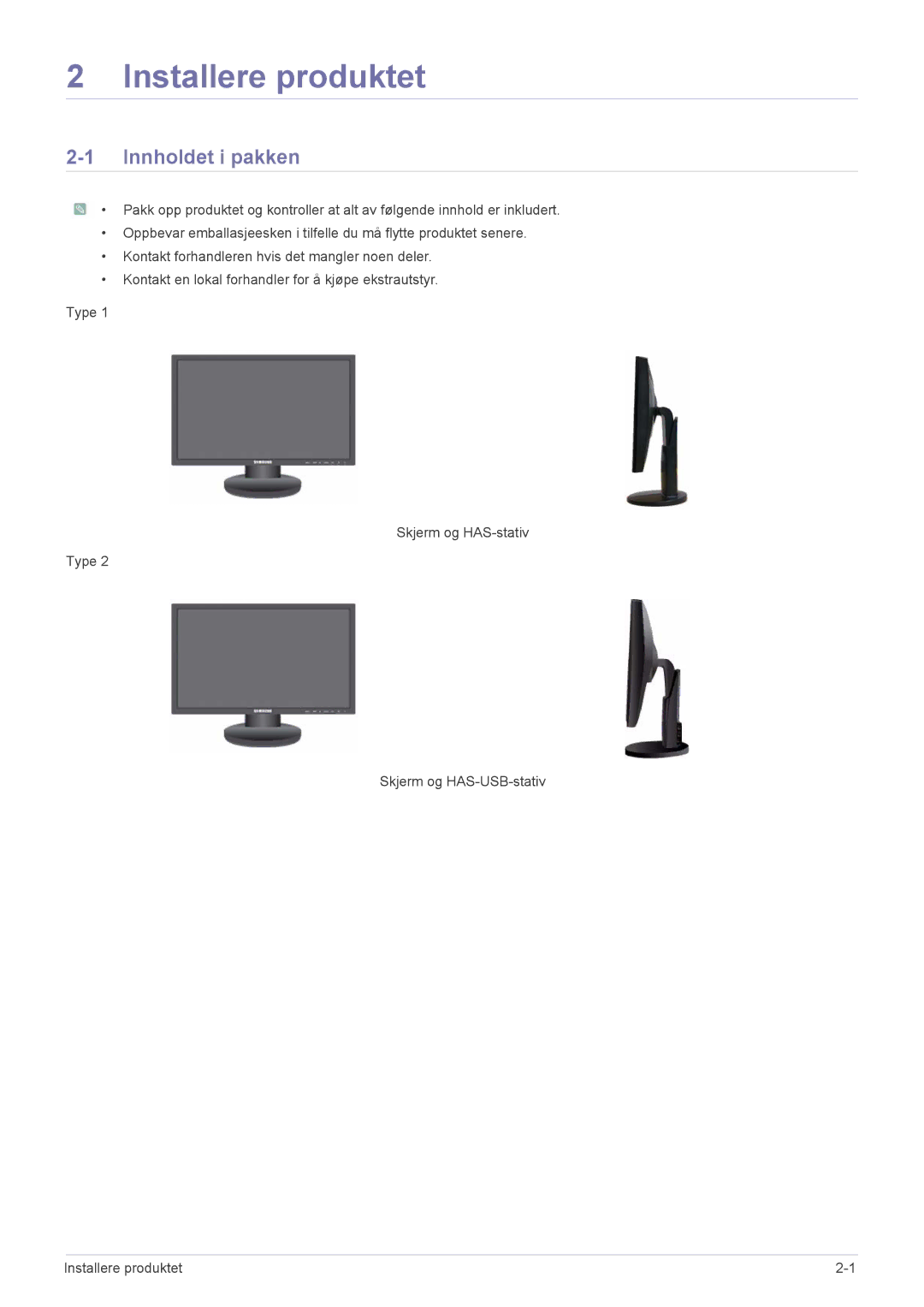 Samsung LS22MYPEBV/EN manual Installere produktet, Innholdet i pakken 