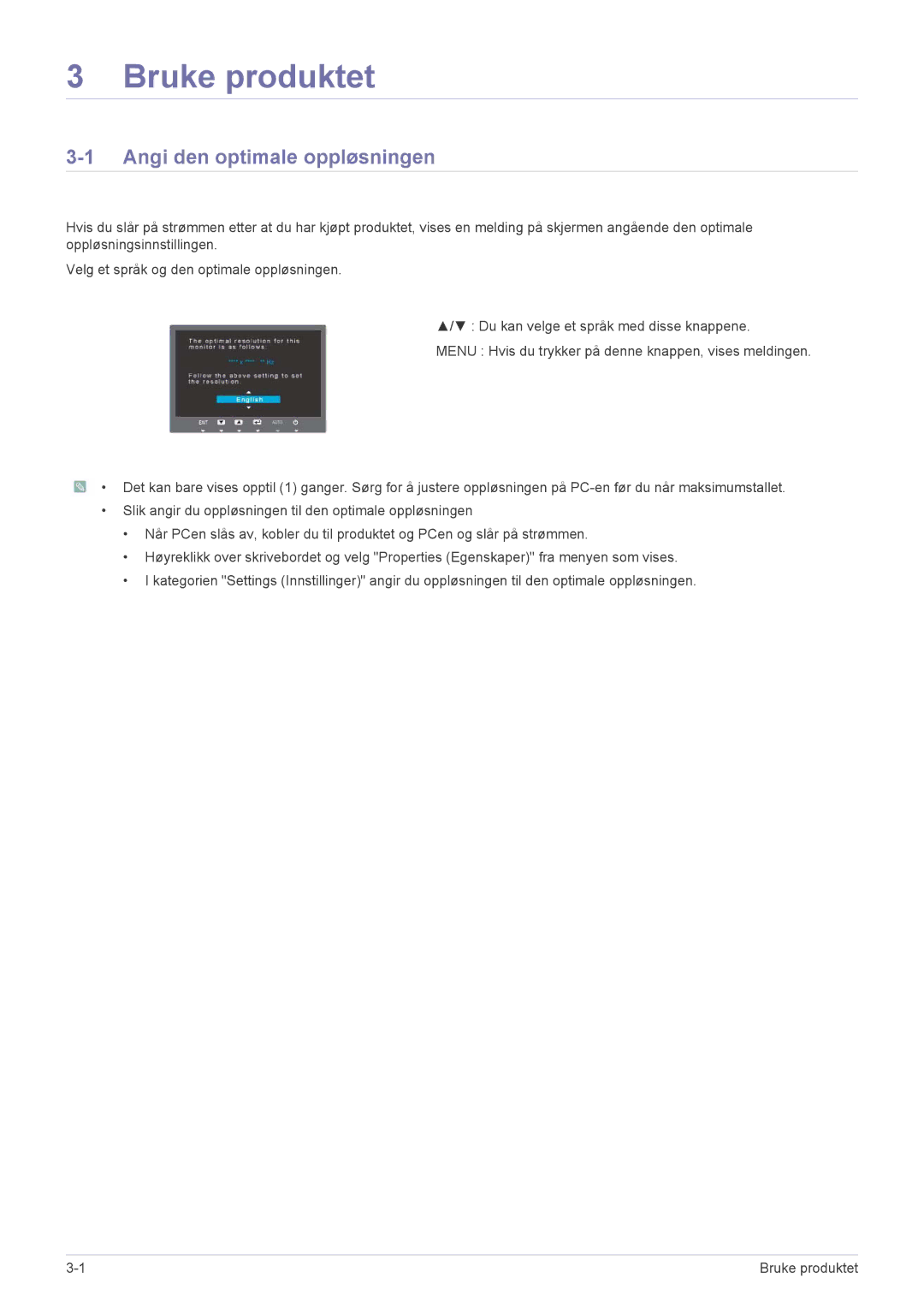 Samsung LS22MYPEBV/EN manual Bruke produktet, Angi den optimale oppløsningen 