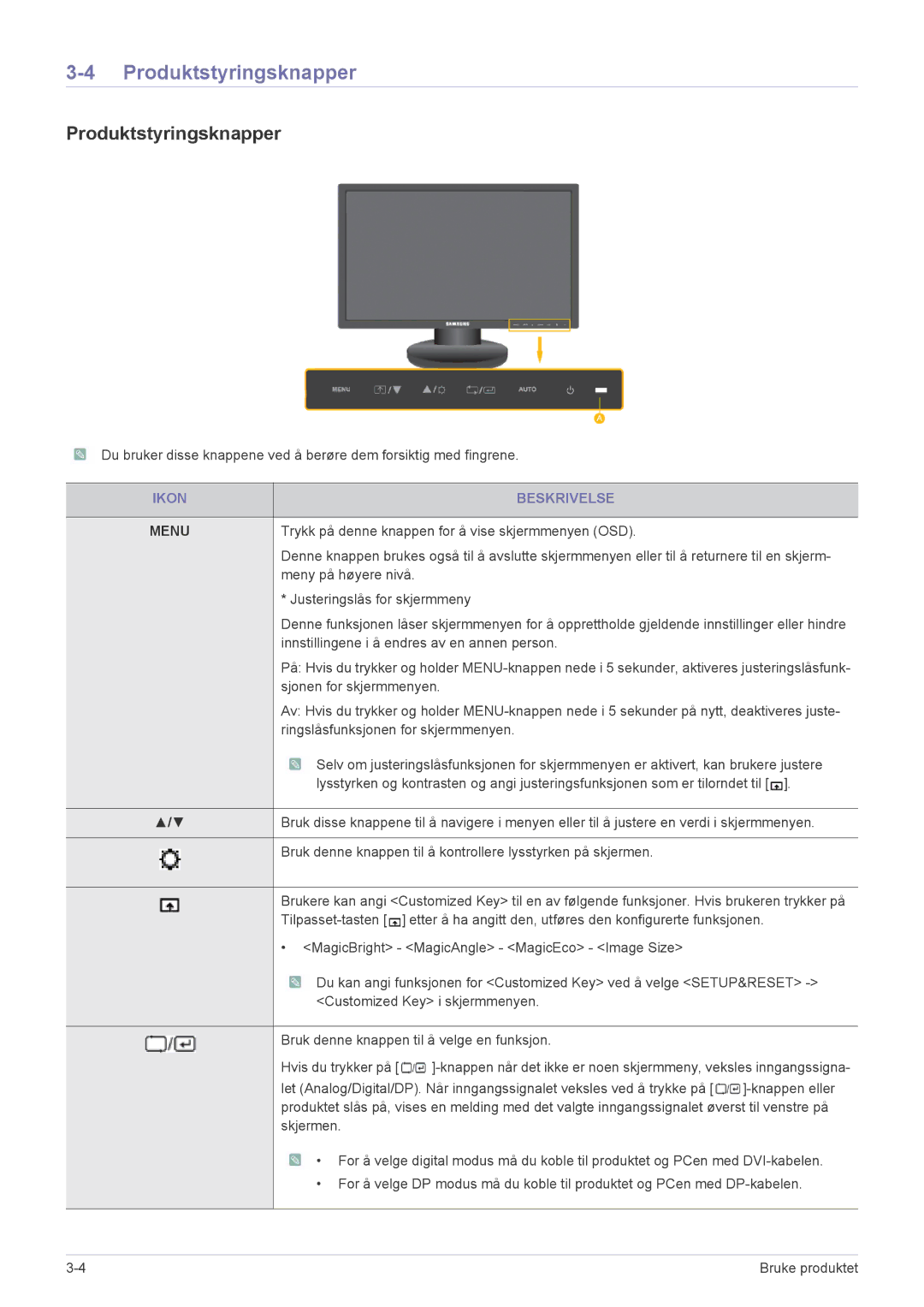 Samsung LS22MYPEBV/EN manual Produktstyringsknapper, Ikon Beskrivelse 