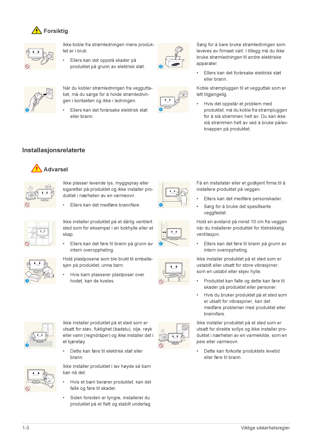 Samsung LS22MYPEBV/EN manual Installasjonsrelaterte, Forsiktig 