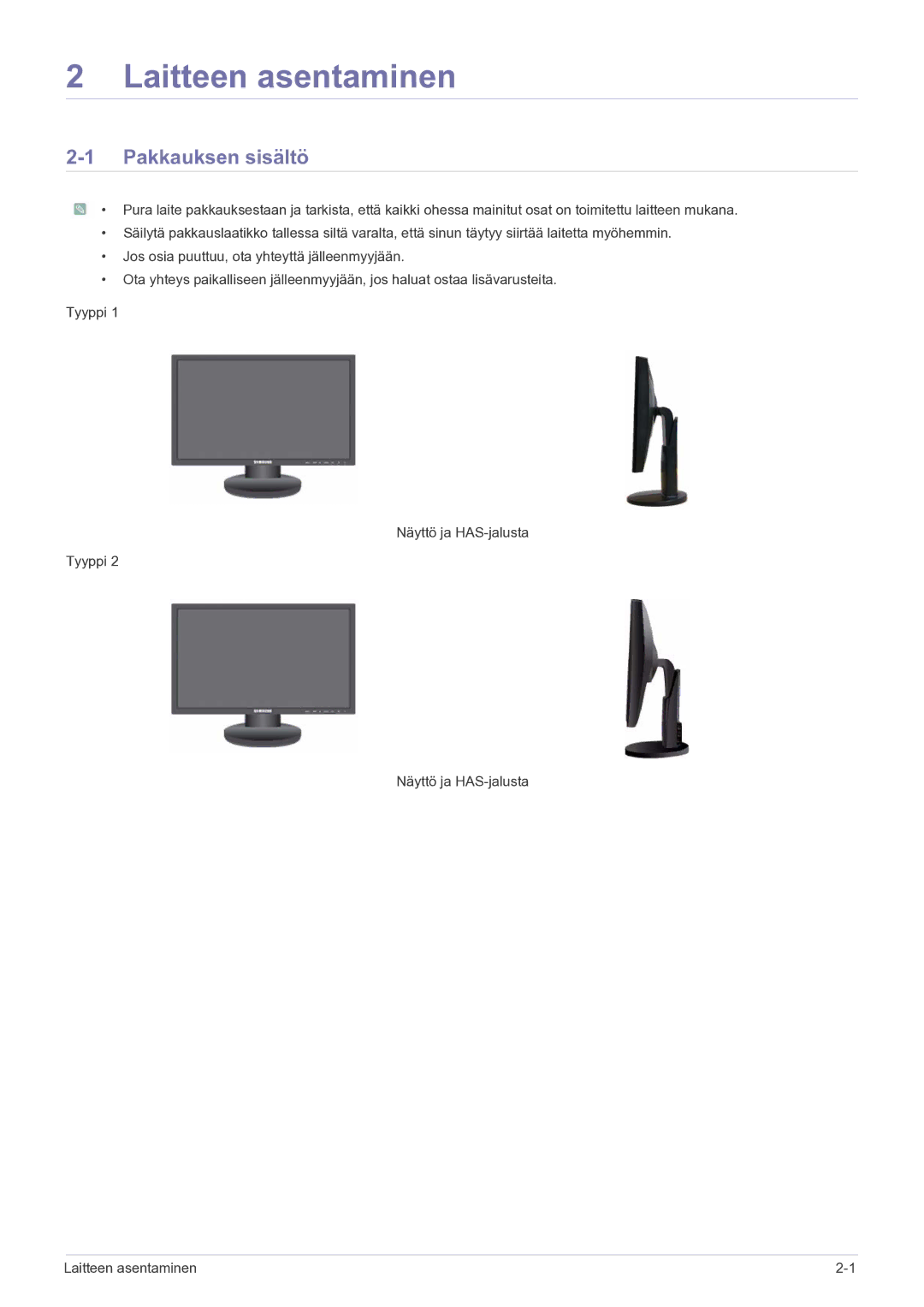 Samsung LS22MYPEBV/EN manual Laitteen asentaminen, Pakkauksen sisältö 