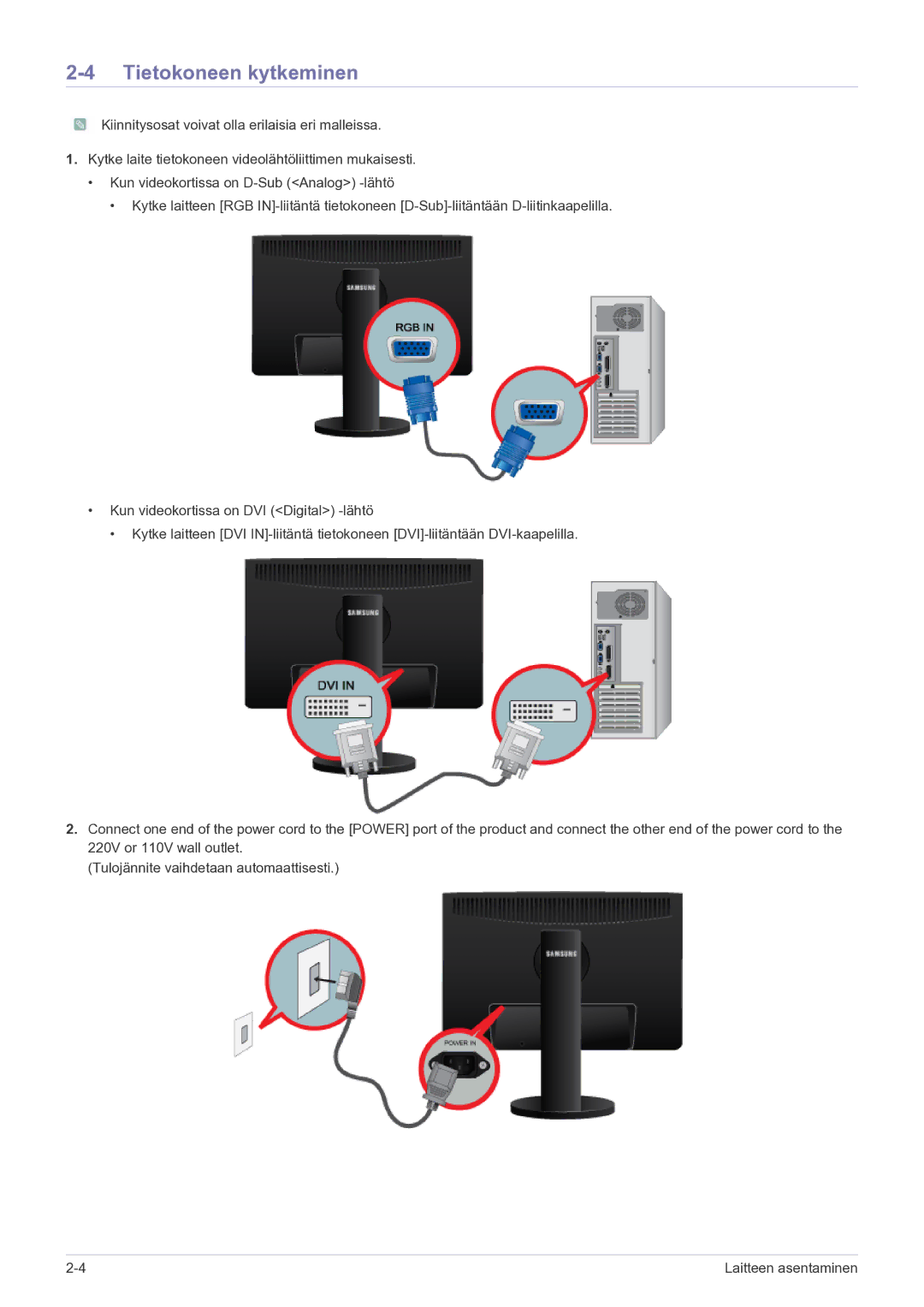 Samsung LS22MYPEBV/EN manual Tietokoneen kytkeminen 