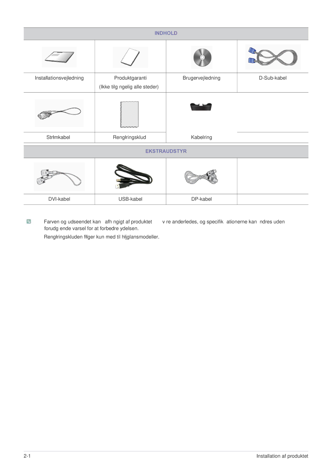 Samsung LS22MYPEBV/EN manual Indhold, Ekstraudstyr 