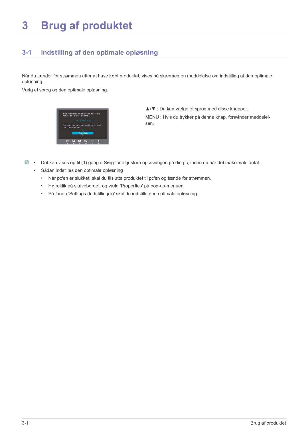 Samsung LS22MYPEBV/EN manual Brug af produktet, Indstilling af den optimale opløsning 