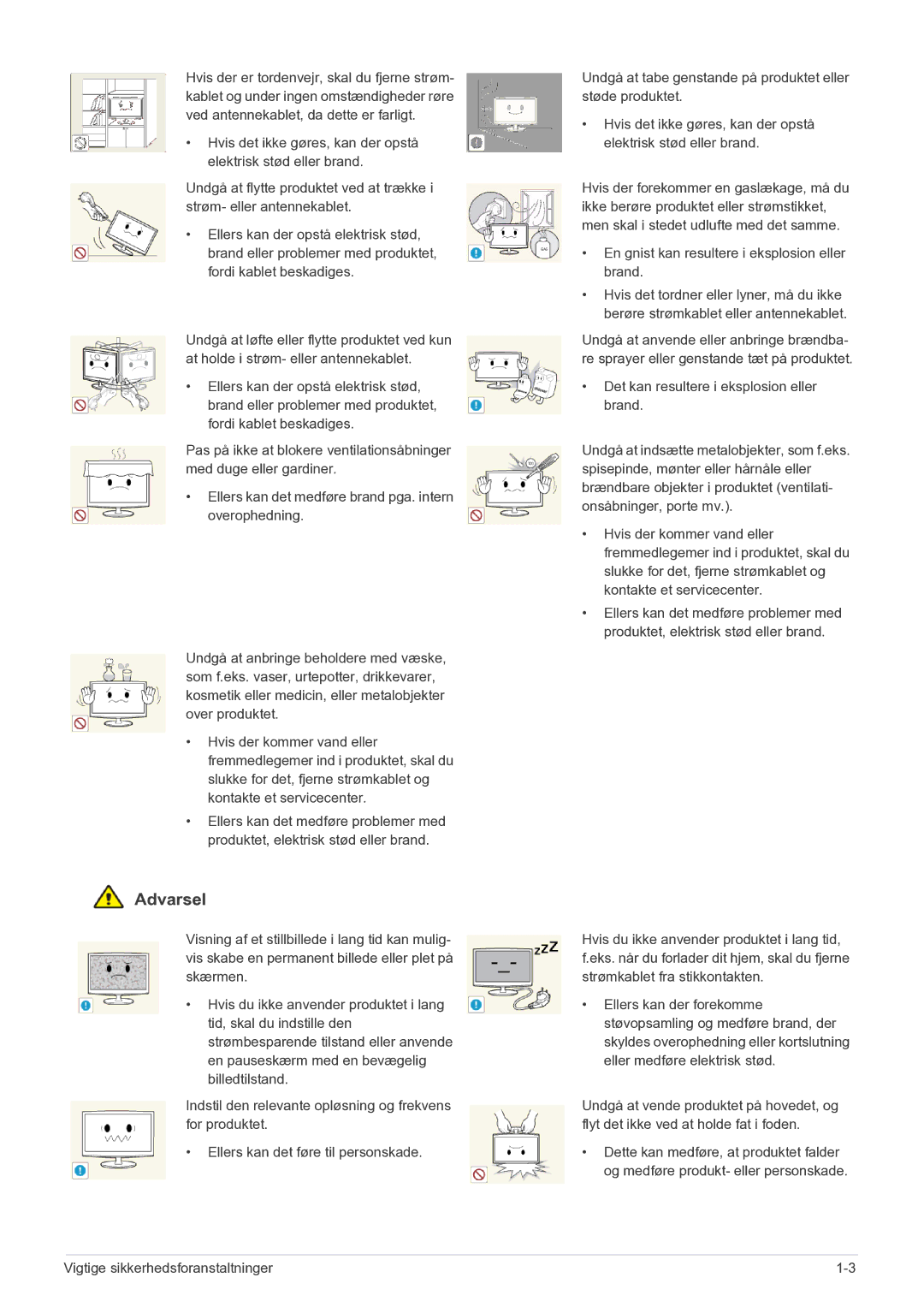 Samsung LS22MYPEBV/EN manual Vigtige sikkerhedsforanstaltninger 