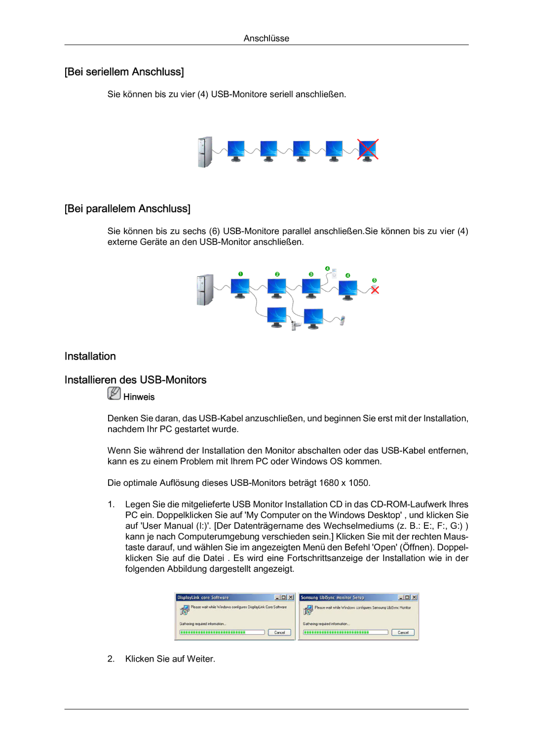 Samsung LS22MYQEBB/EDC manual Bei seriellem Anschluss, Bei parallelem Anschluss, Installation Installieren des USB-Monitors 