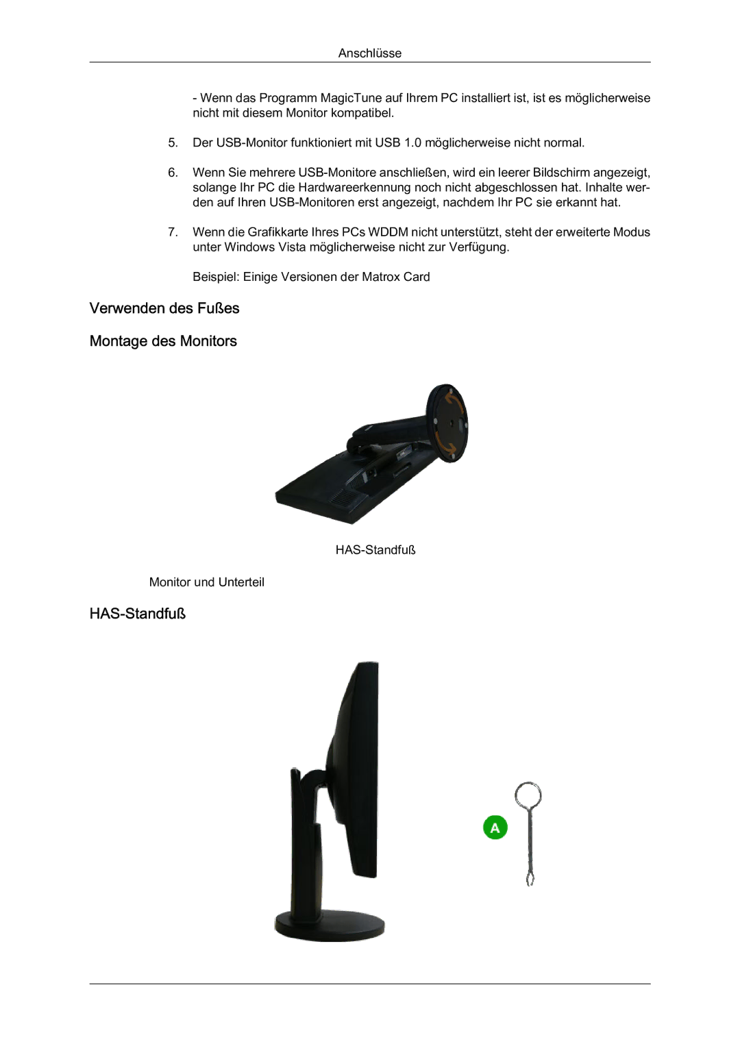 Samsung LS22MYQEBB/EDC manual Verwenden des Fußes Montage des Monitors, HAS-Standfuß 