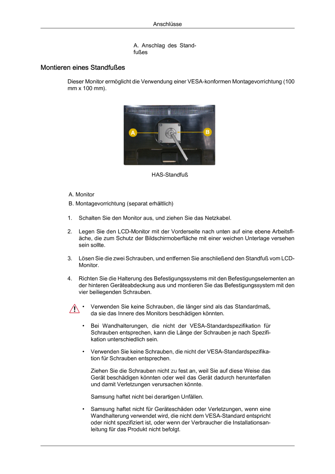 Samsung LS22MYQEBB/EDC manual Montieren eines Standfußes 