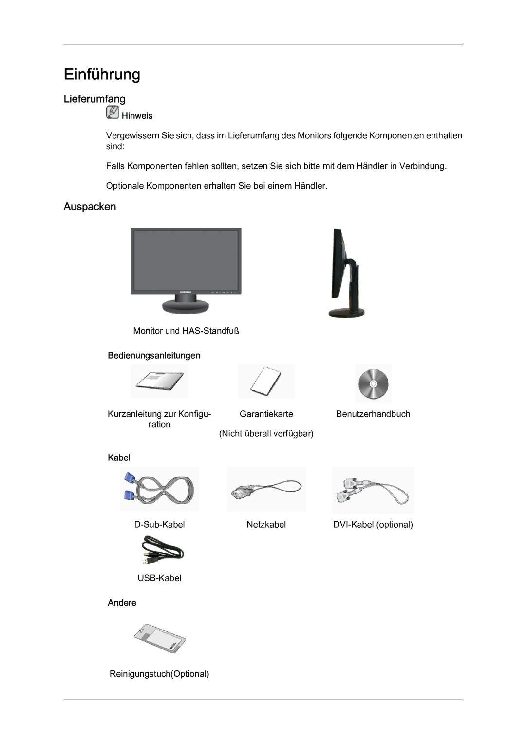 Samsung LS22MYQEBB/EDC manual Lieferumfang, Auspacken 