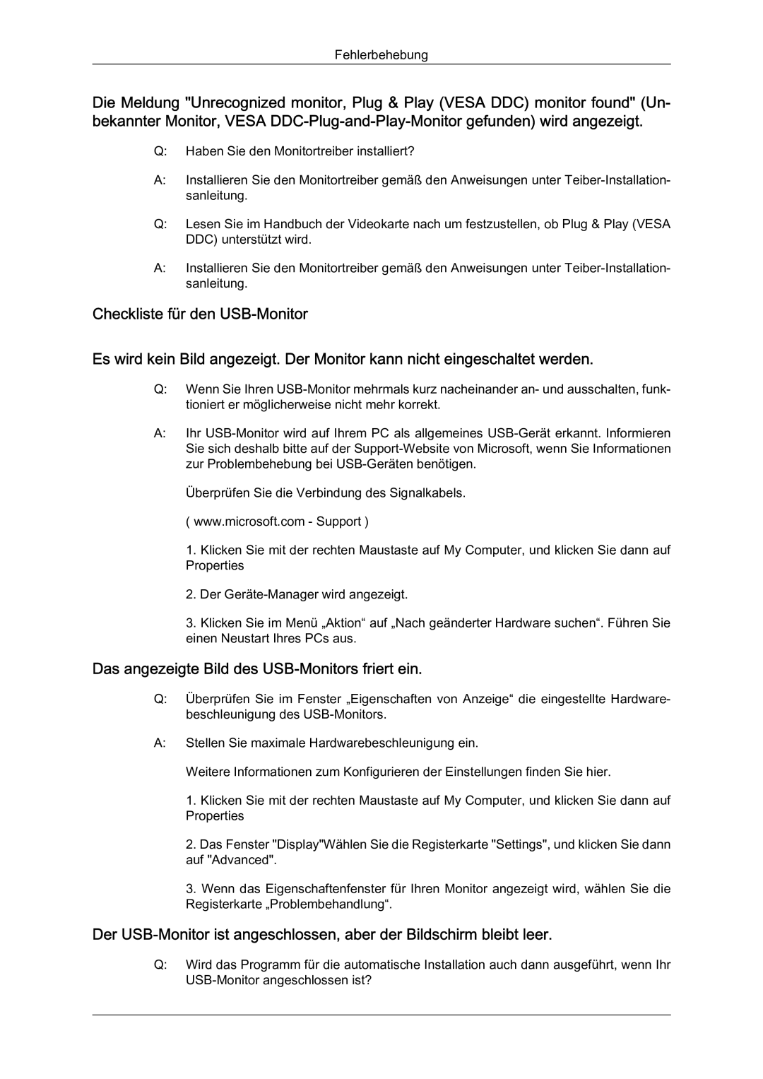 Samsung LS22MYQEBB/EDC manual Das angezeigte Bild des USB-Monitors friert ein 