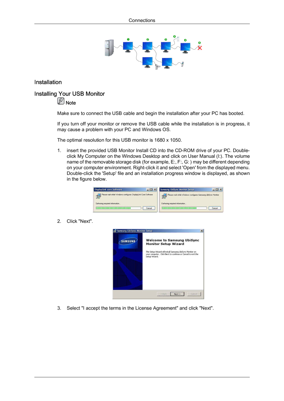 Samsung LS22MYQEBB/EDC manual Installation Installing Your USB Monitor 