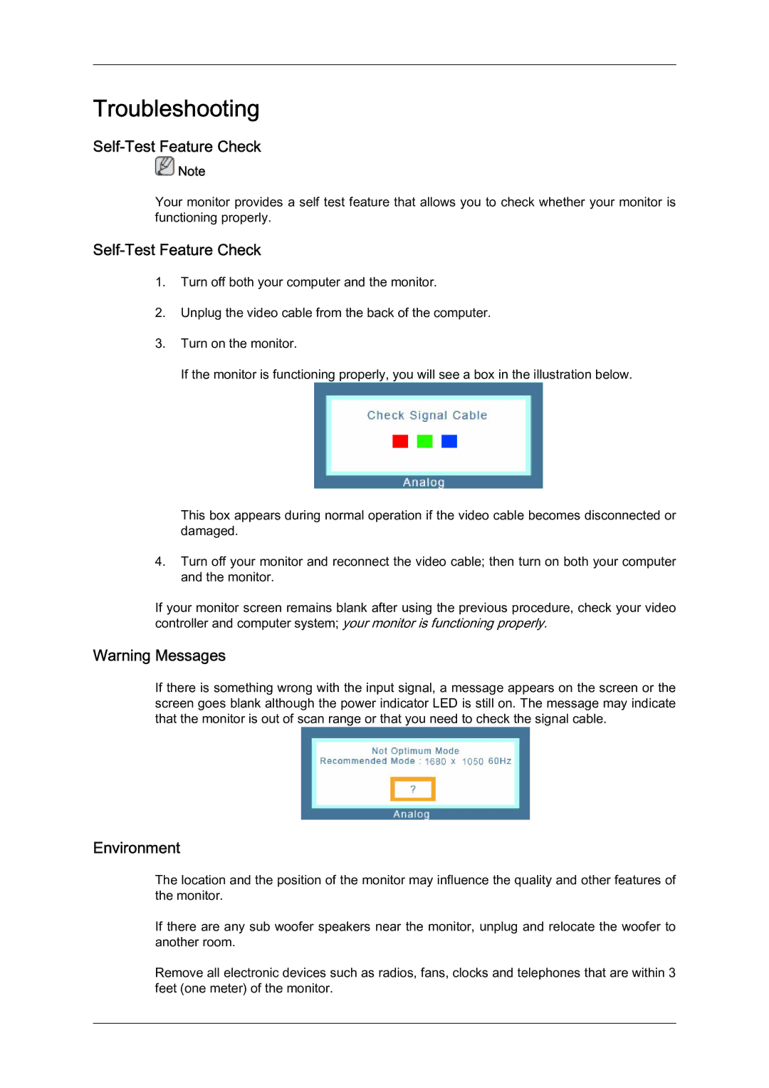 Samsung LS22MYQEBB/EDC manual Self-Test Feature Check, Environment 