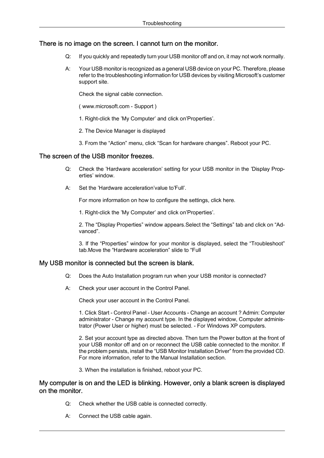 Samsung LS22MYQEBB/EDC manual Screen of the USB monitor freezes, My USB monitor is connected but the screen is blank 