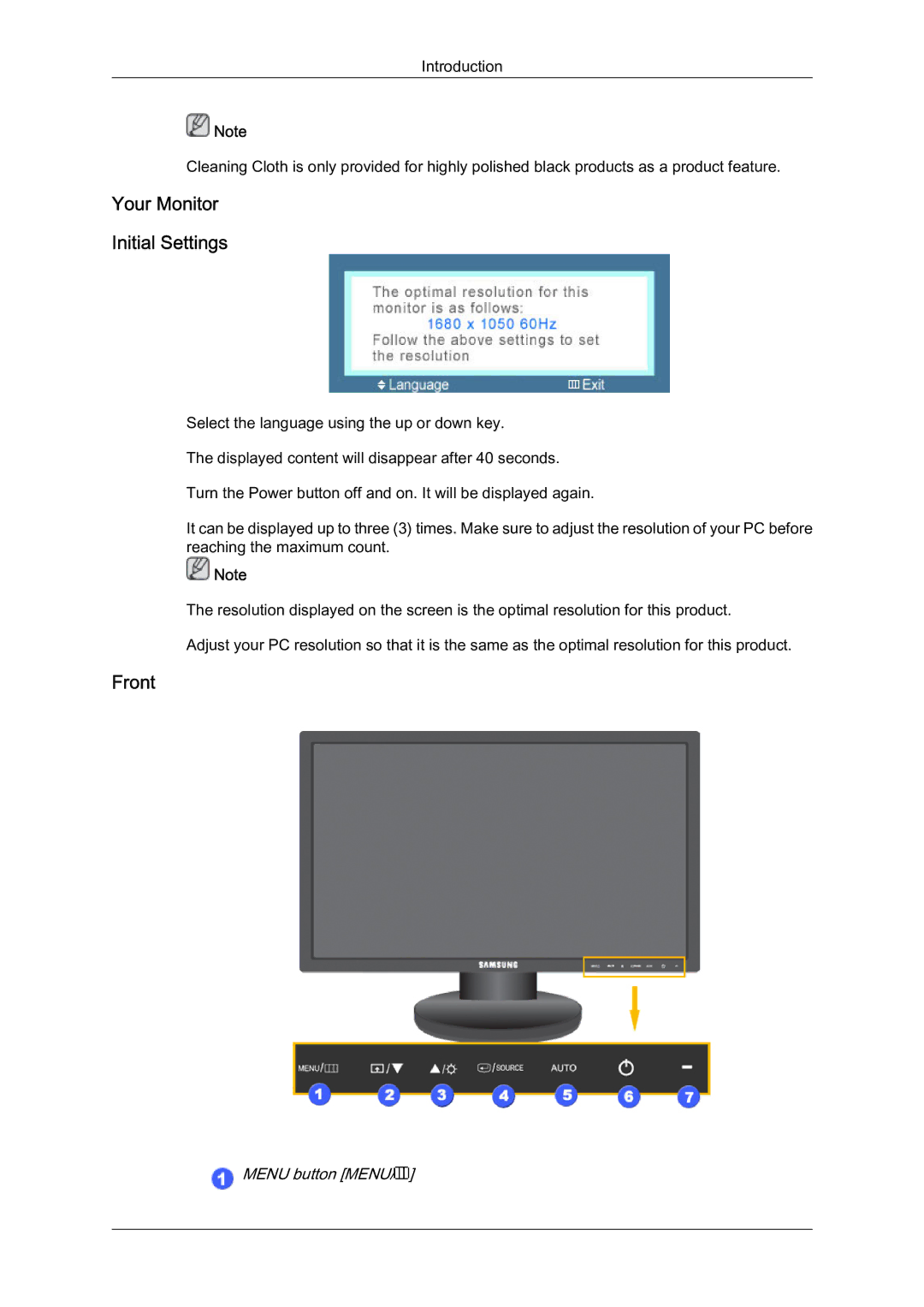 Samsung LS22MYQEBB/EDC manual Your Monitor Initial Settings, Front 