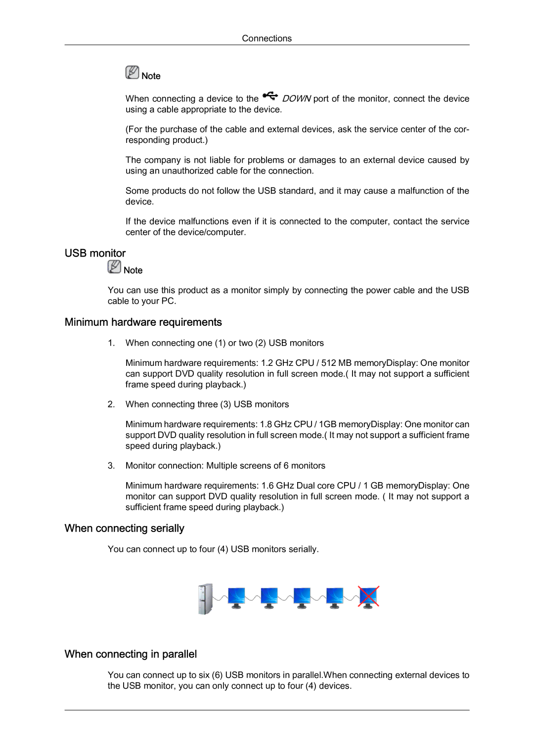 Samsung LS22MYQEBB/EDC USB monitor, Minimum hardware requirements, When connecting serially, When connecting in parallel 