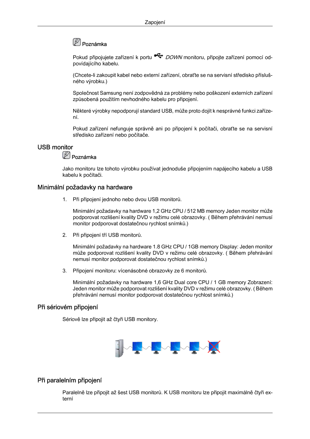 Samsung LS22MYQEBB/EDC USB monitor, Minimální požadavky na hardware, Při sériovém připojení, Při paralelním připojení 