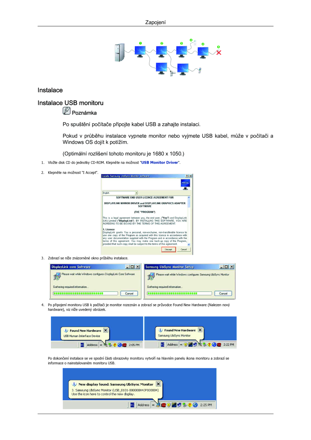 Samsung LS22MYQEBB/EDC manual Instalace Instalace USB monitoru 