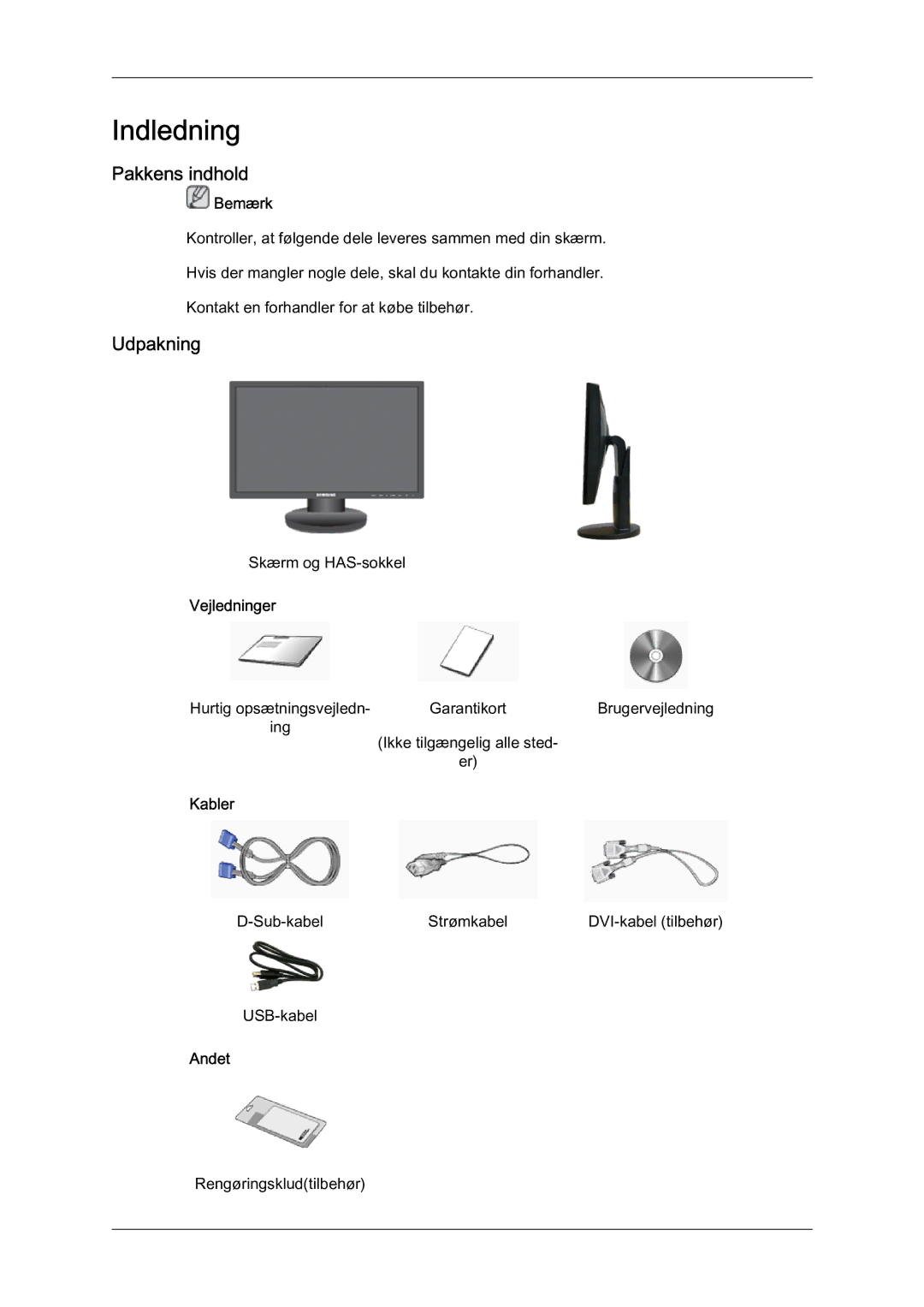 Samsung LS22MYQEBB/EDC manual Indledning, Pakkens indhold, Udpakning 