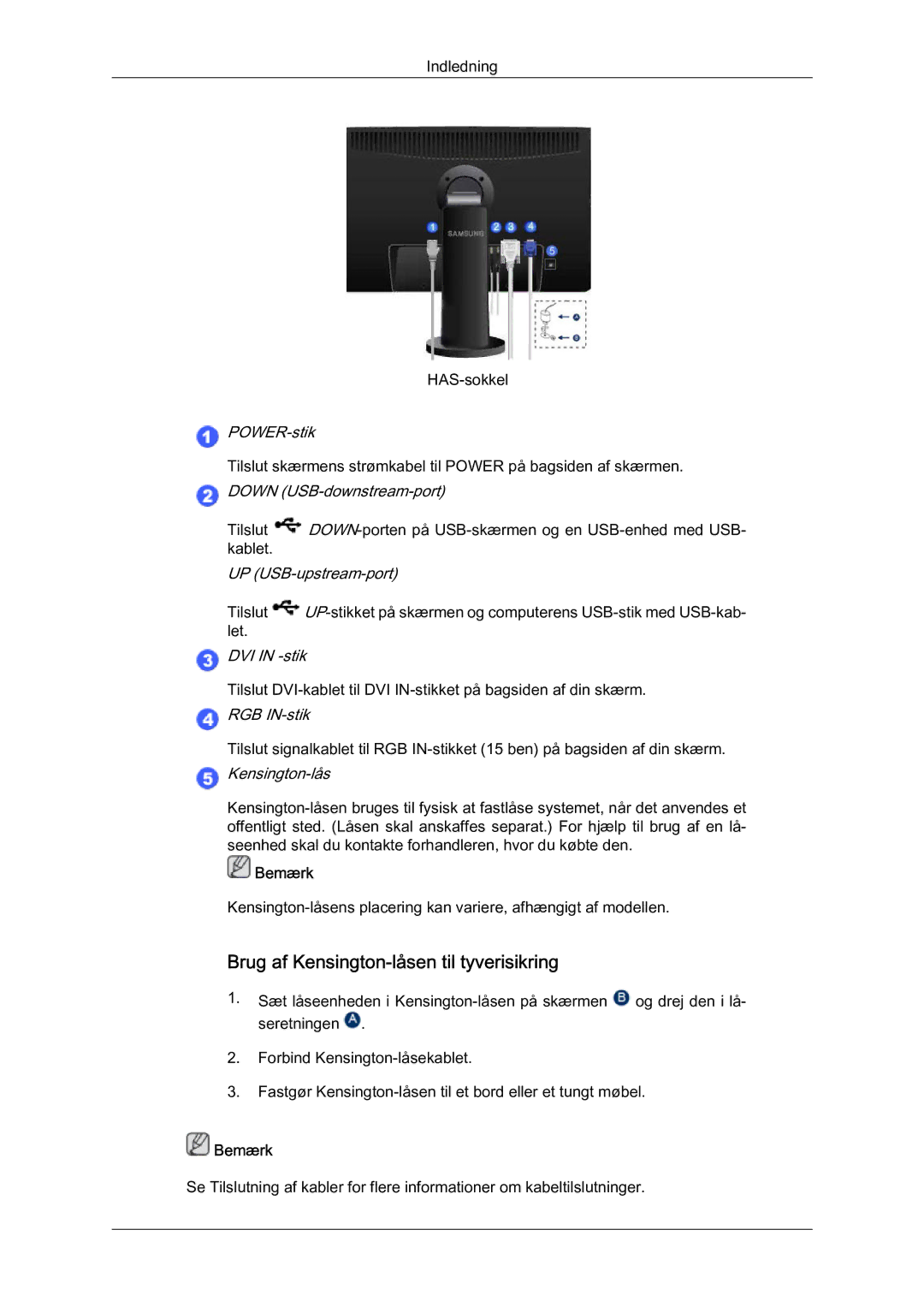 Samsung LS22MYQEBB/EDC manual Brug af Kensington-låsen til tyverisikring 