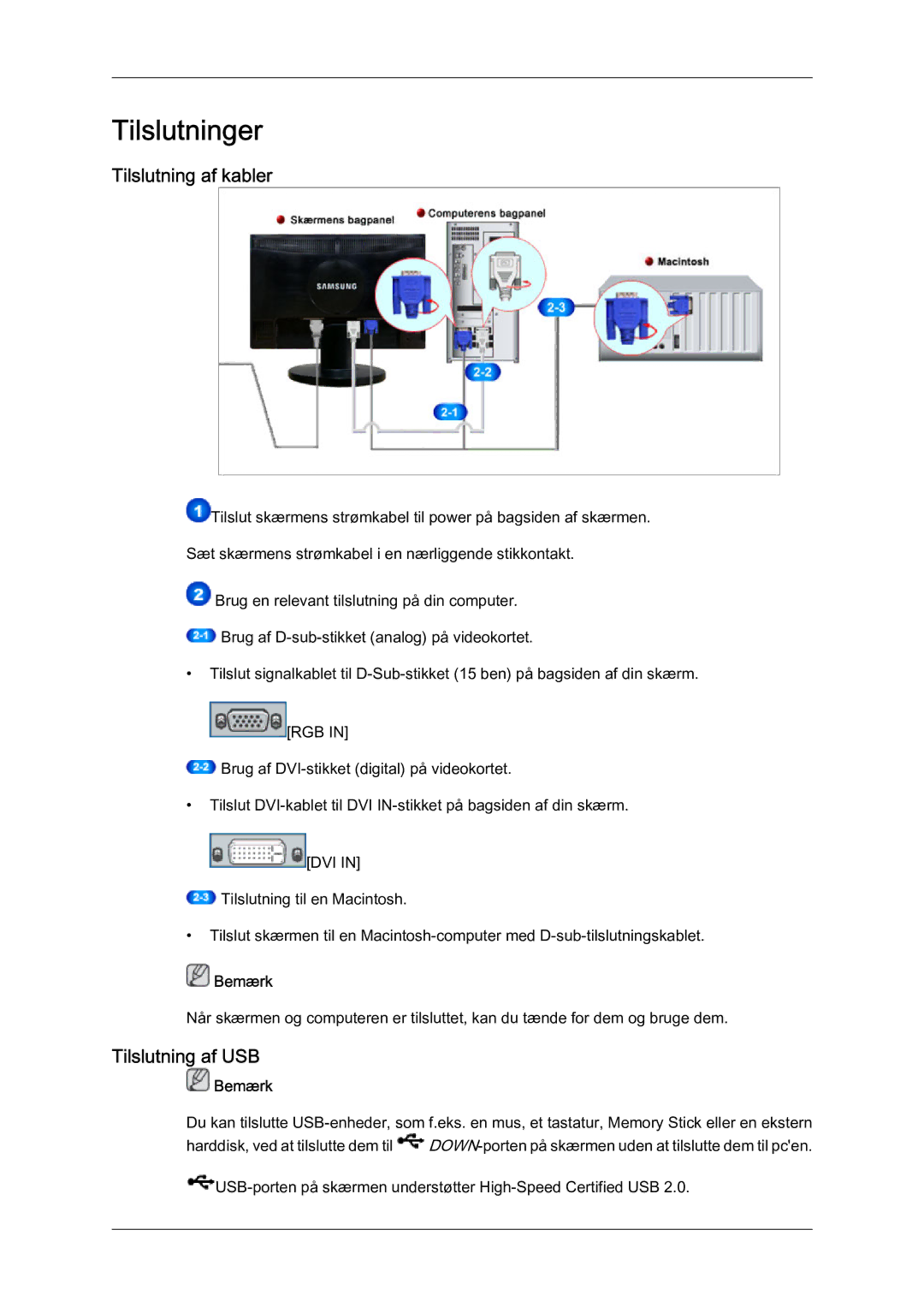 Samsung LS22MYQEBB/EDC manual Tilslutninger, Tilslutning af kabler, Tilslutning af USB 