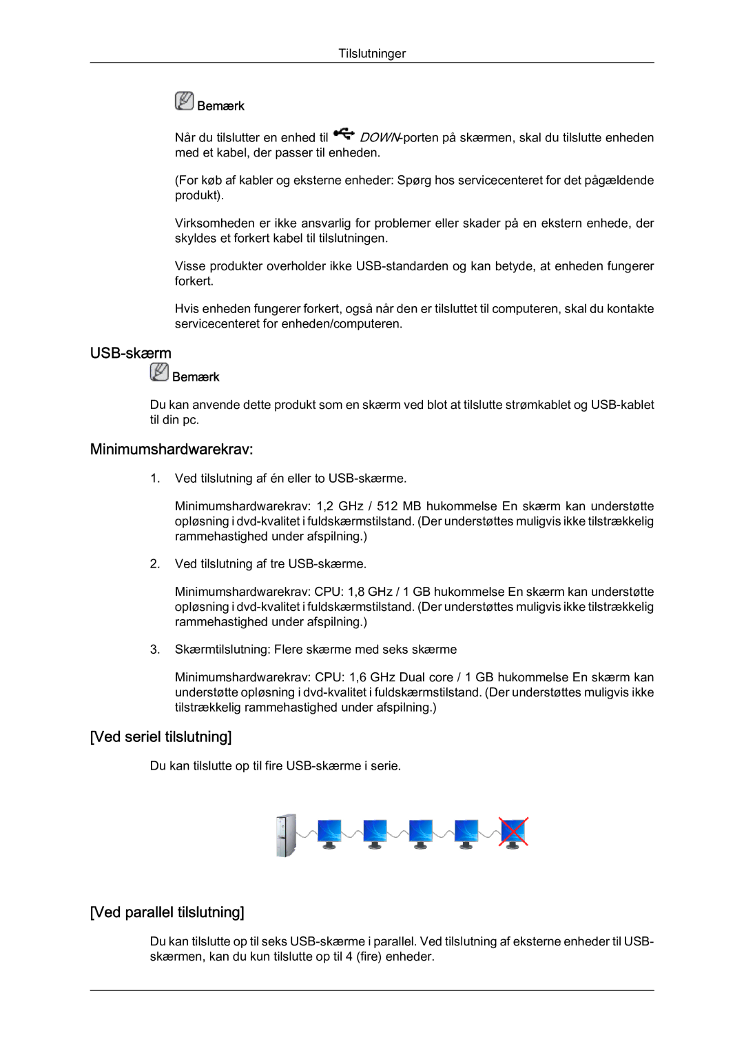 Samsung LS22MYQEBB/EDC manual USB-skærm, Minimumshardwarekrav, Ved seriel tilslutning, Ved parallel tilslutning 