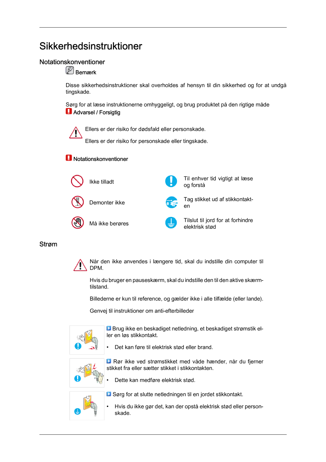 Samsung LS22MYQEBB/EDC manual Sikkerhedsinstruktioner, Notationskonventioner, Strøm, Bemærk 