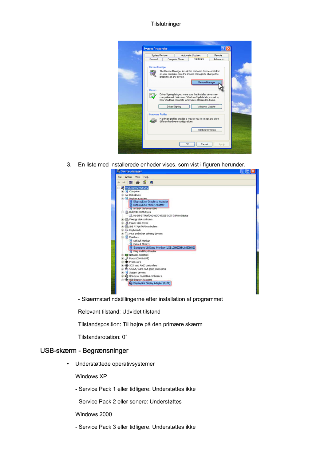 Samsung LS22MYQEBB/EDC manual USB-skærm Begrænsninger 