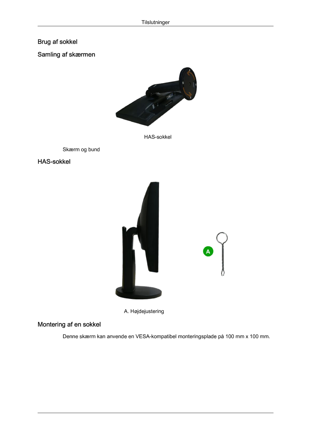 Samsung LS22MYQEBB/EDC manual Brug af sokkel Samling af skærmen, HAS-sokkel, Montering af en sokkel 