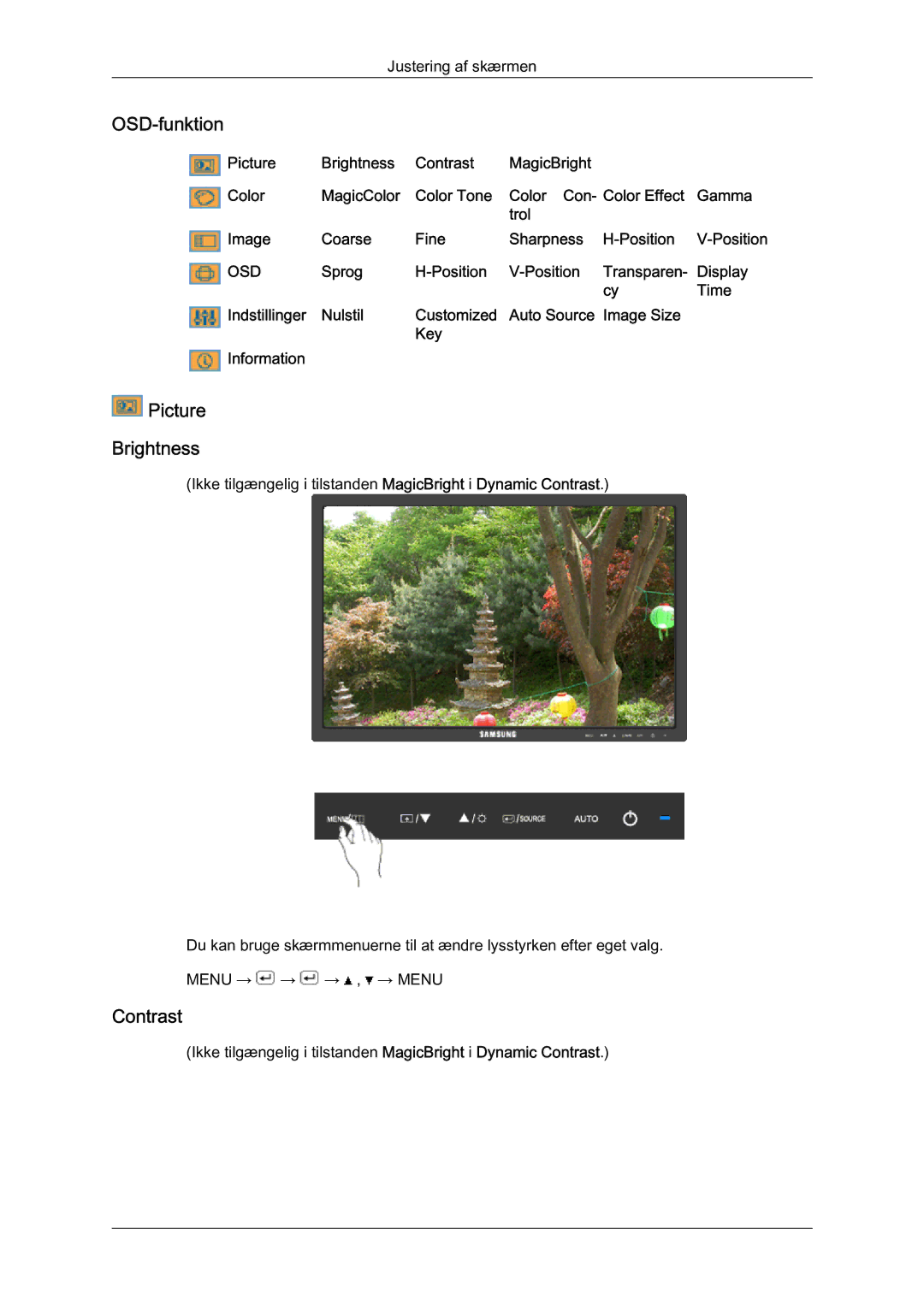 Samsung LS22MYQEBB/EDC manual OSD-funktion, Picture Brightness, Contrast, Image Size Key Information 