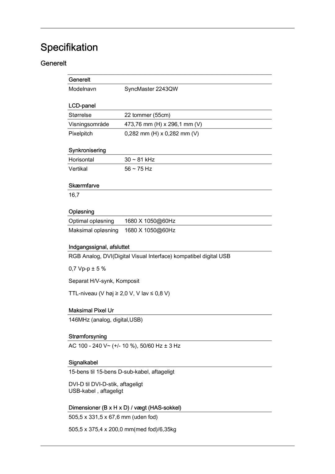 Samsung LS22MYQEBB/EDC manual Specifikation, Generelt 