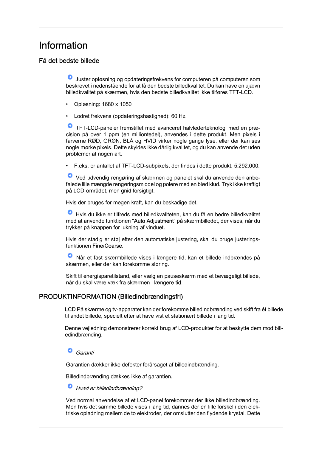 Samsung LS22MYQEBB/EDC manual Information, Få det bedste billede, Produktinformation Billedindbrændingsfri 