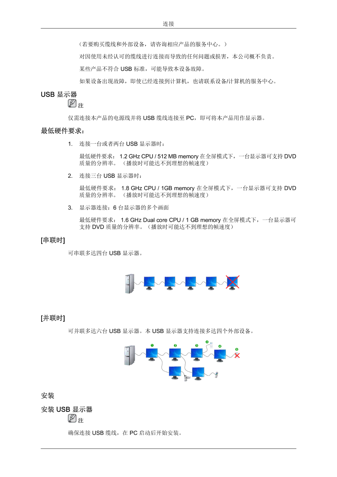 Samsung LS22MYQEBB/EDC manual 最低硬件要求：, 串联时, 并联时, 安装 Usb 显示器 