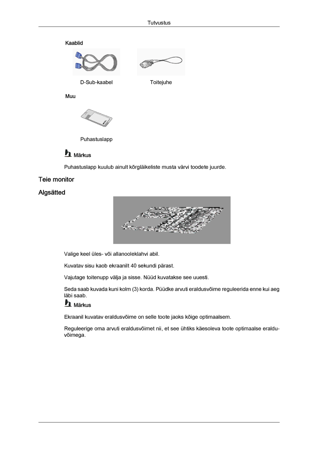 Samsung LS19MYYKBBA/EN, LS22MYYKBB/EDC, LS20MYYKBBA/EN, LS19MYYKBB/EDC, LS22MYYKBBA/EN manual Teie monitor Algsätted 