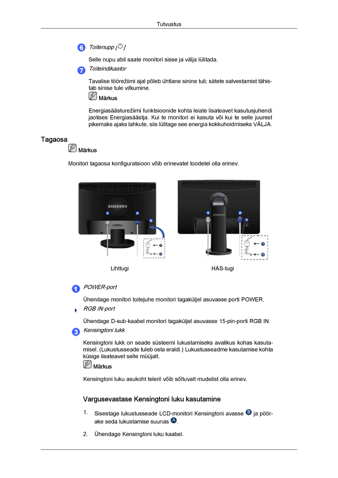 Samsung LS19MYYKBB/EDC, LS22MYYKBB/EDC, LS19MYYKBBA/EN, LS20MYYKBBA/EN Tagaosa, Vargusevastase Kensingtoni luku kasutamine 