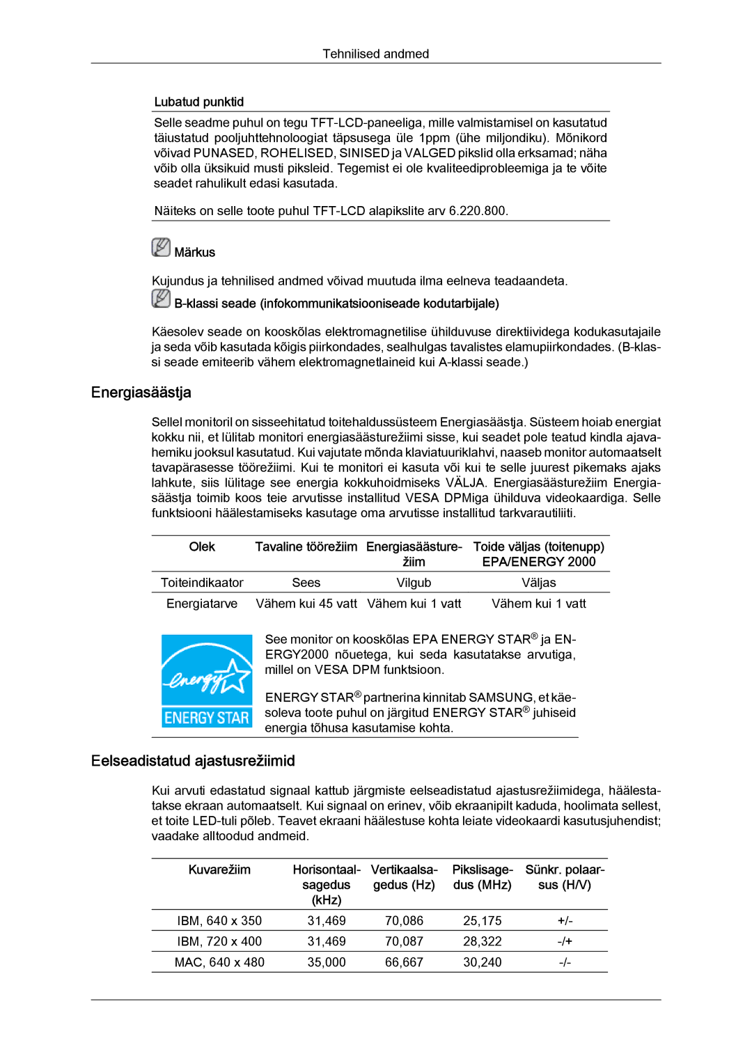 Samsung LS22MYYKBBA/EN, LS22MYYKBB/EDC, LS19MYYKBBA/EN, LS20MYYKBBA/EN, LS19MYYKBB/EDC manual Energiasäästja 