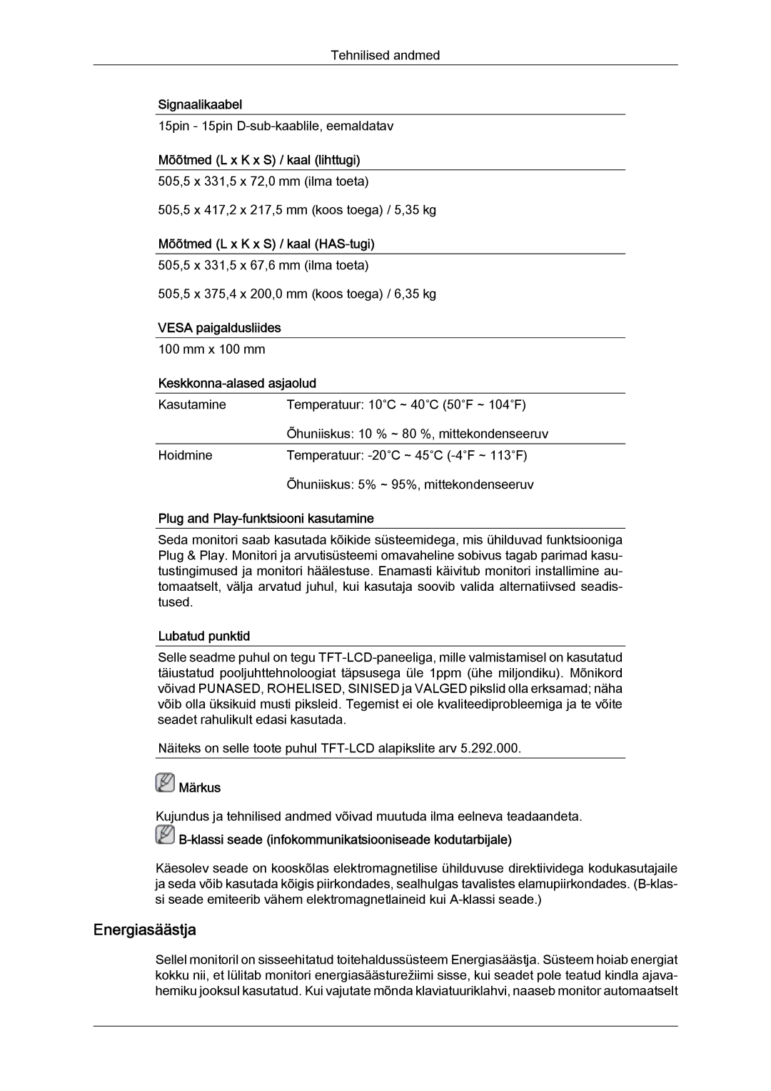 Samsung LS22MYYKBB/EDC, LS19MYYKBBA/EN, LS20MYYKBBA/EN, LS19MYYKBB/EDC, LS22MYYKBBA/EN manual Energiasäästja 