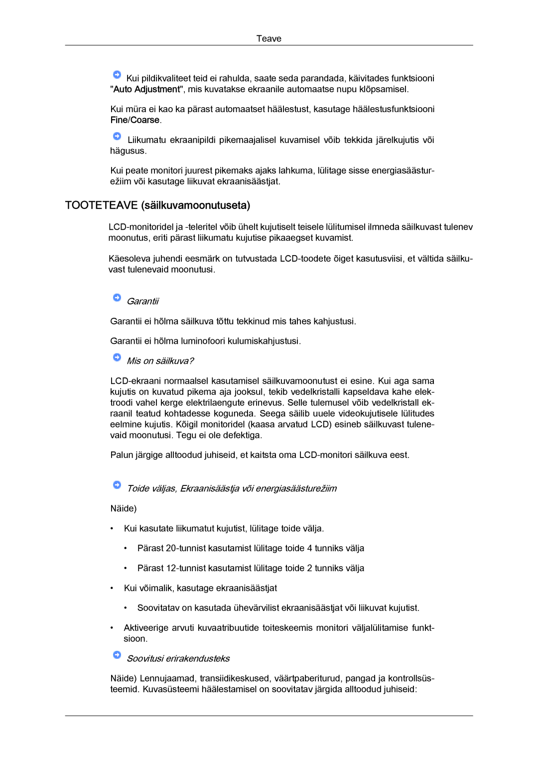 Samsung LS20MYYKBBA/EN, LS22MYYKBB/EDC, LS19MYYKBBA/EN, LS19MYYKBB/EDC, LS22MYYKBBA/EN manual Tooteteave säilkuvamoonutuseta 