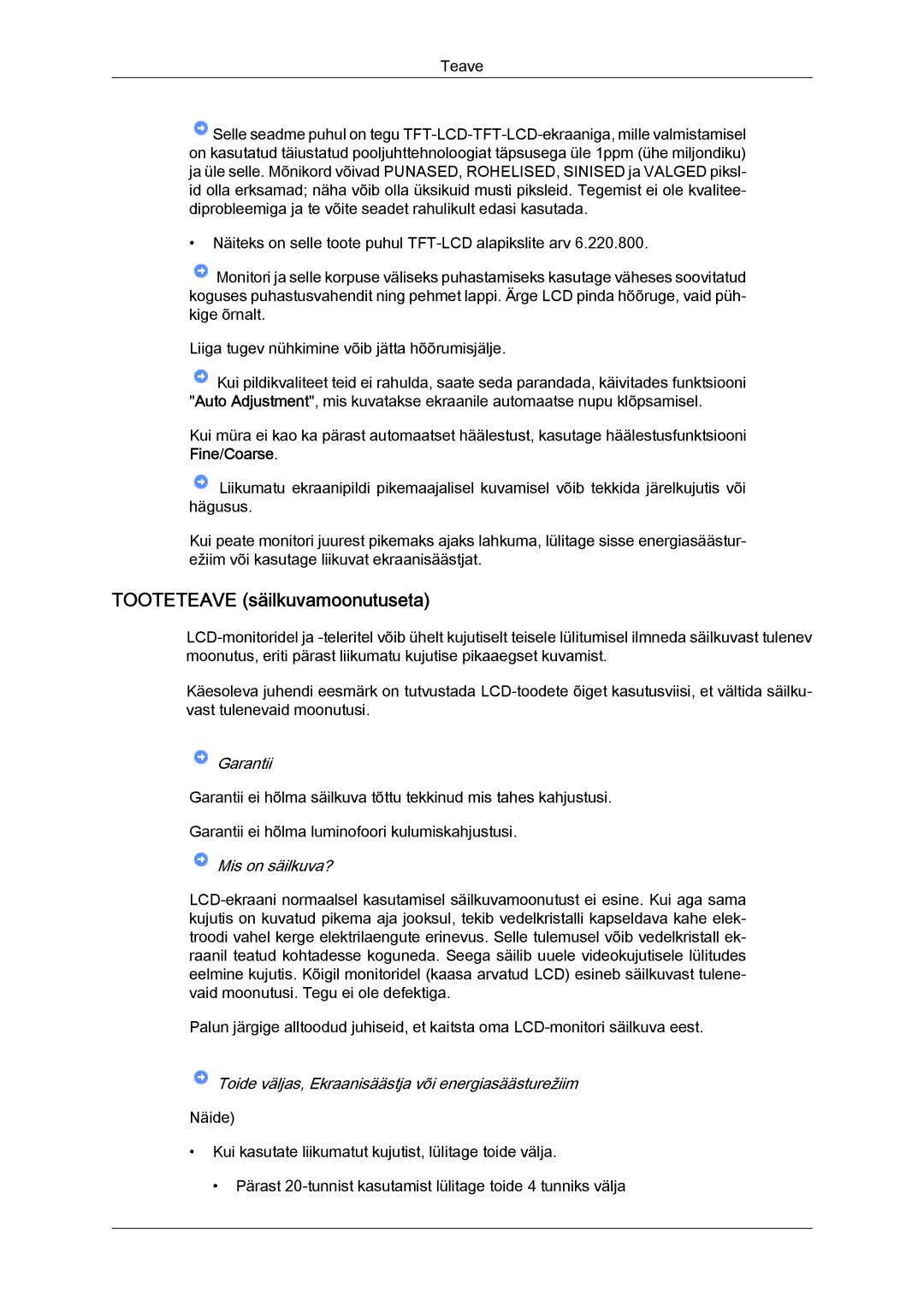 Samsung LS22MYYKBB/EDC, LS19MYYKBBA/EN, LS20MYYKBBA/EN, LS19MYYKBB/EDC, LS22MYYKBBA/EN manual Tooteteave säilkuvamoonutuseta 