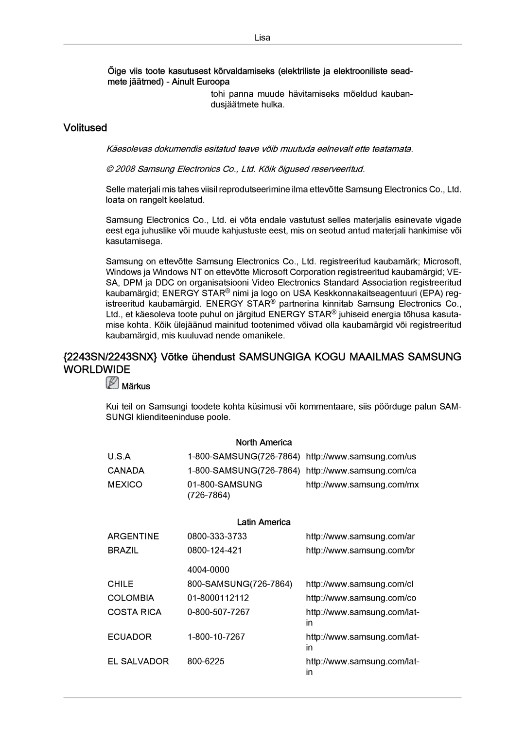 Samsung LS22MYYKBB/EDC, LS19MYYKBBA/EN, LS20MYYKBBA/EN, LS19MYYKBB/EDC, LS22MYYKBBA/EN manual Volitused 