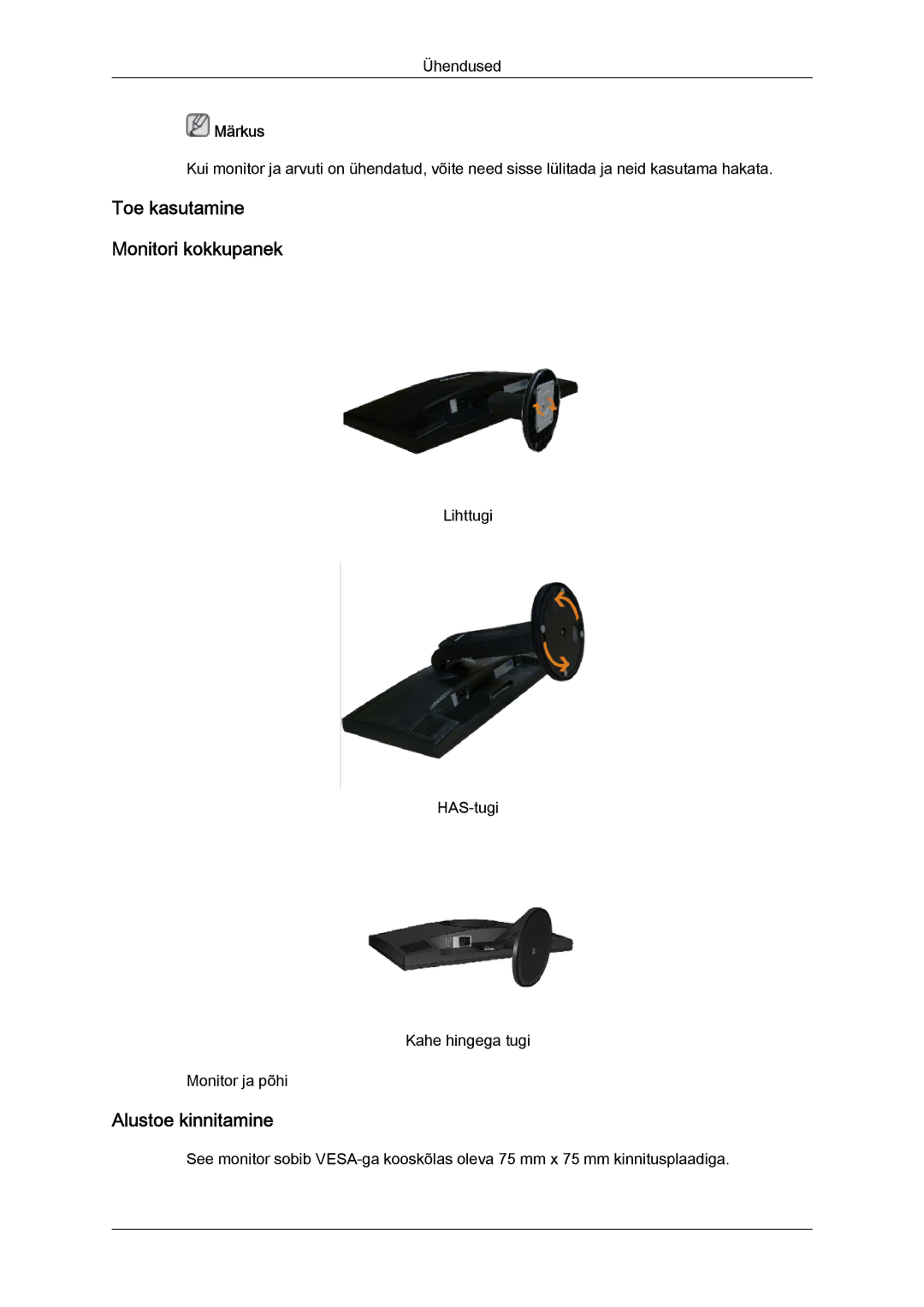 Samsung LS20MYYKBBA/EN, LS22MYYKBB/EDC, LS19MYYKBBA/EN, LS19MYYKBB/EDC Lihttugi HAS-tugi Kahe hingega tugi Monitor ja põhi 